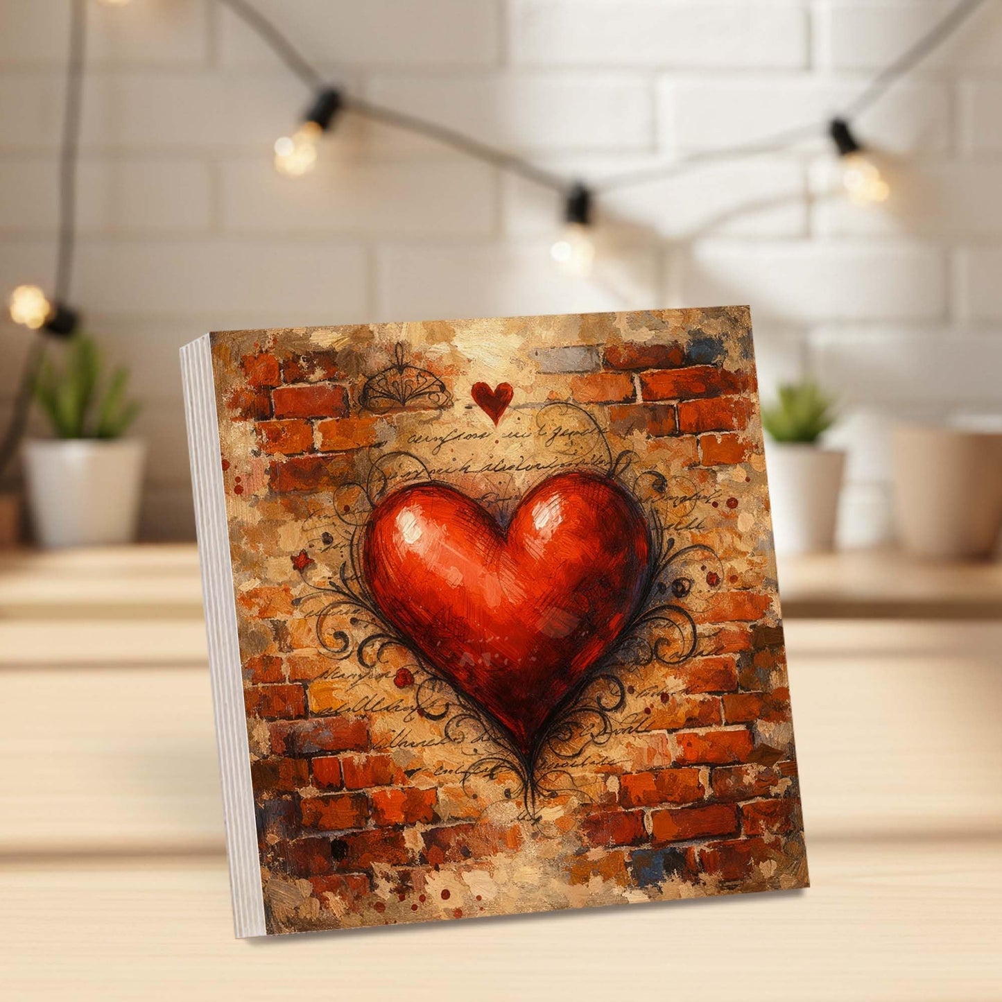 Heart Wooden Block Sign, Romantic Urban Art Wood Decor, Love Inspired Shelf Sitter Home Table Mantel Tiered Tray Accent, Meaningful Gift for Couple
