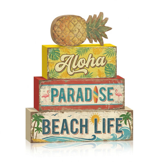 4 Pcs Tropical Pineapple Party Decorations Summer Hawaiian Luau Table Wooden Signs Summer Beach Tiered Tray Decor Fruit Home Bar Shelf Sitter Aloha Paradise Tiki Table Top Gifts