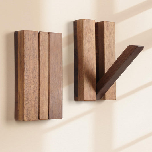 KYIAANY Foldable Wall Hooks 2Pack: Rustic Wooden Coat Hooks Mounted for Heavy Duty Hanging Hats Bags Beach Towels, Space Saving Minimalist Design for Aesthetic Homeowner