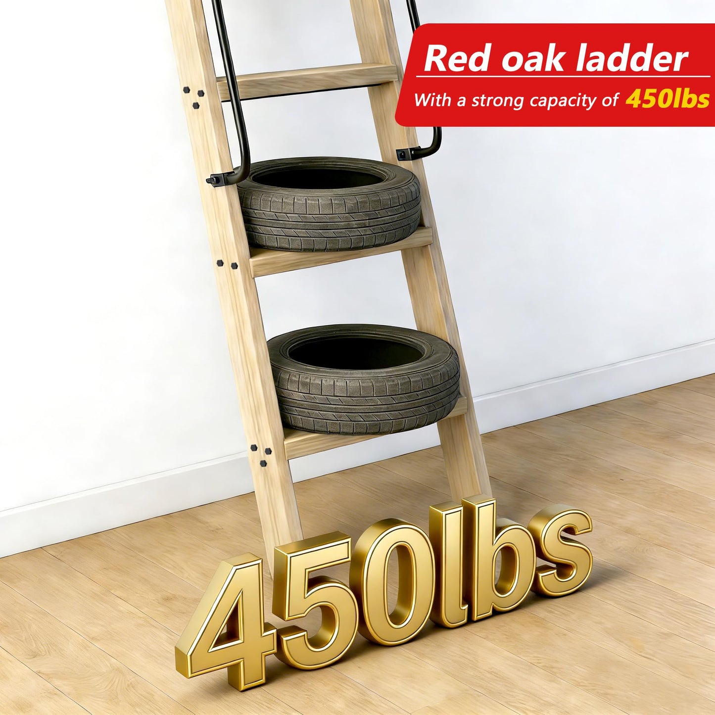 104RDHOUSE 87in Attic Rolling Library Ladder, 7 Step Wooden Ladder with,Ladder Bookshelf,Wall Stairs Red Oak Stair Platform Bunkbed Ladder,for Home Kitchen,Warehouses,Bookstore,DIY Stain