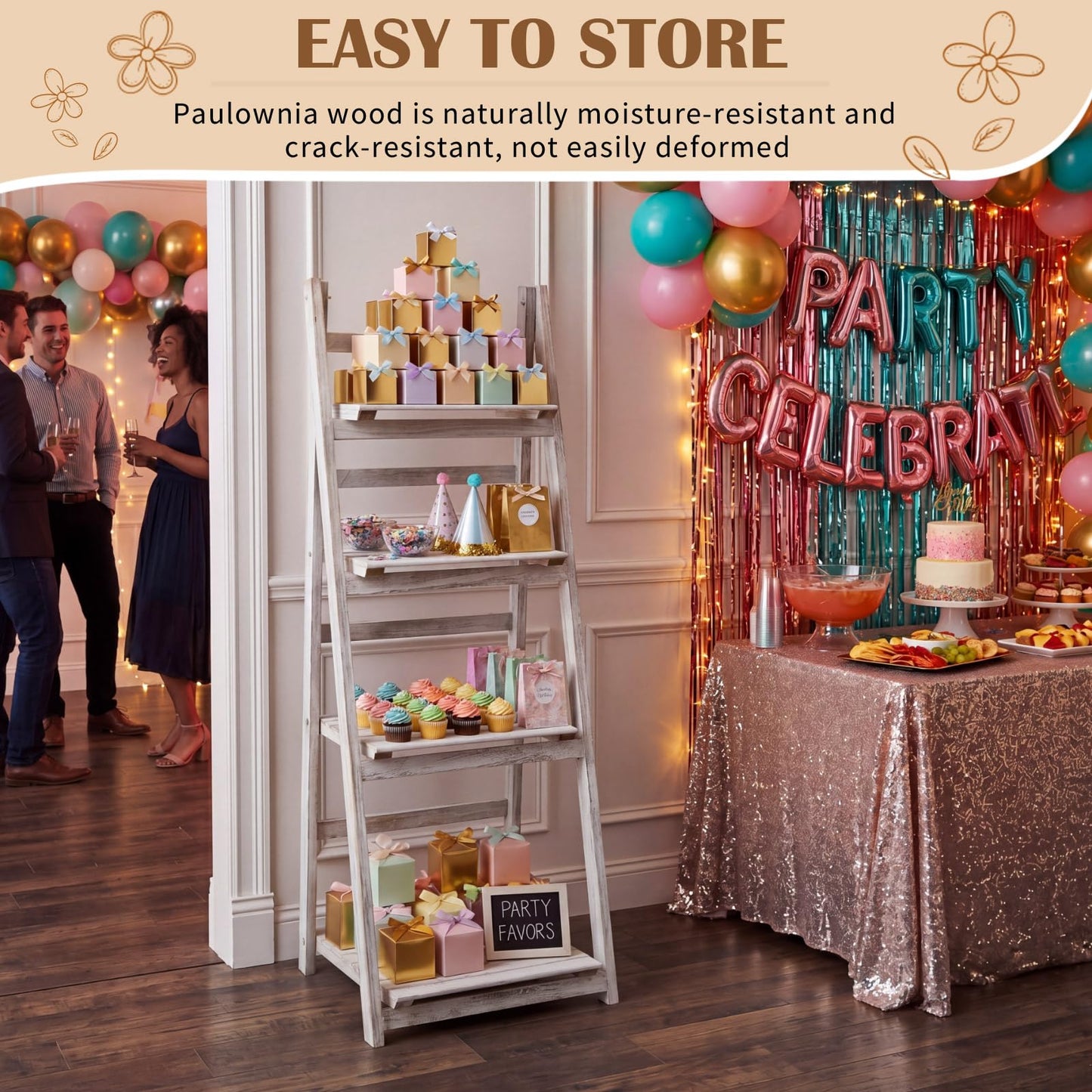 Sintuff White Wooden 4-tier Foldable Ladder Shelf, Sturdy Dessert & Snack Display Stand for Birthday Party & Wedding, Indoor Stand Corner Storage Bookshelf, Rustic Storage Rack, No Tool Assembly