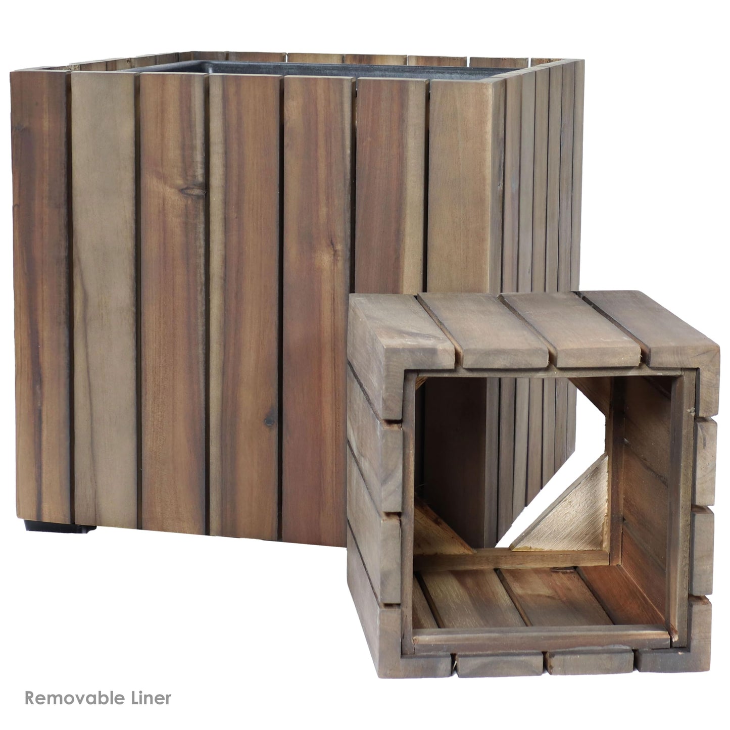 Sunnydaze Indoor/Outdoor Wooden Planter Boxes - 2 Acacia Wood Square Plant Pots with Plastic Liners - Anthracite Stain