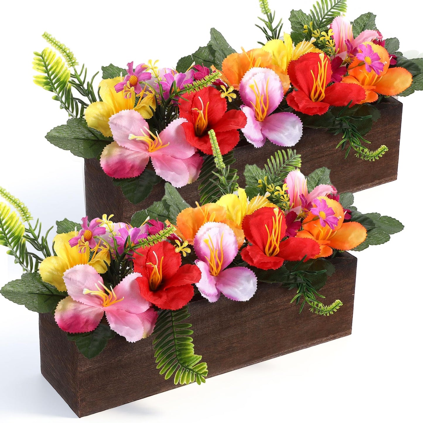 Rivvlive 2PCS Artificial Hibiscus Flowers Table Centerpieces in Wooden Box, 11 inch Summer Beach Wood Box with Realistic Hibiscus Fake Floral Decoration for Hawaiian Luau Beach Party Dining Table