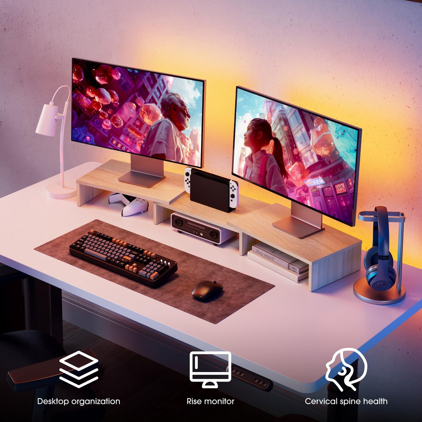 FITUEYES Dual Monitor Stand – 3 Shelf Computer Monitor Riser, Wood Desktop Stand with Adjustable Length and Angle, Desk Accessories, Office Supplies Medium Oak, DT108006WO