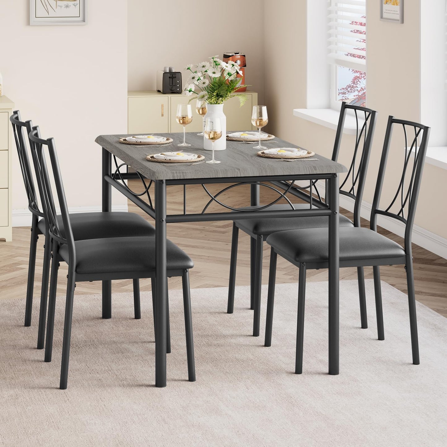 Garvee Small Dining Table Set for 4, Wooden Kitchen Table with 4 Upholstered Chairs, Space Saving Compact Dining Table with Corner Guard, Ideal for Kitchen, Dining Room, and Small Area, Gray