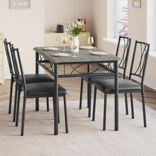 Garvee Small Dining Table Set for 4, Wooden Kitchen Table with 4 Upholstered Chairs, Space Saving Compact Dining Table with Corner Guard, Ideal for Kitchen, Dining Room, and Small Area, Gray