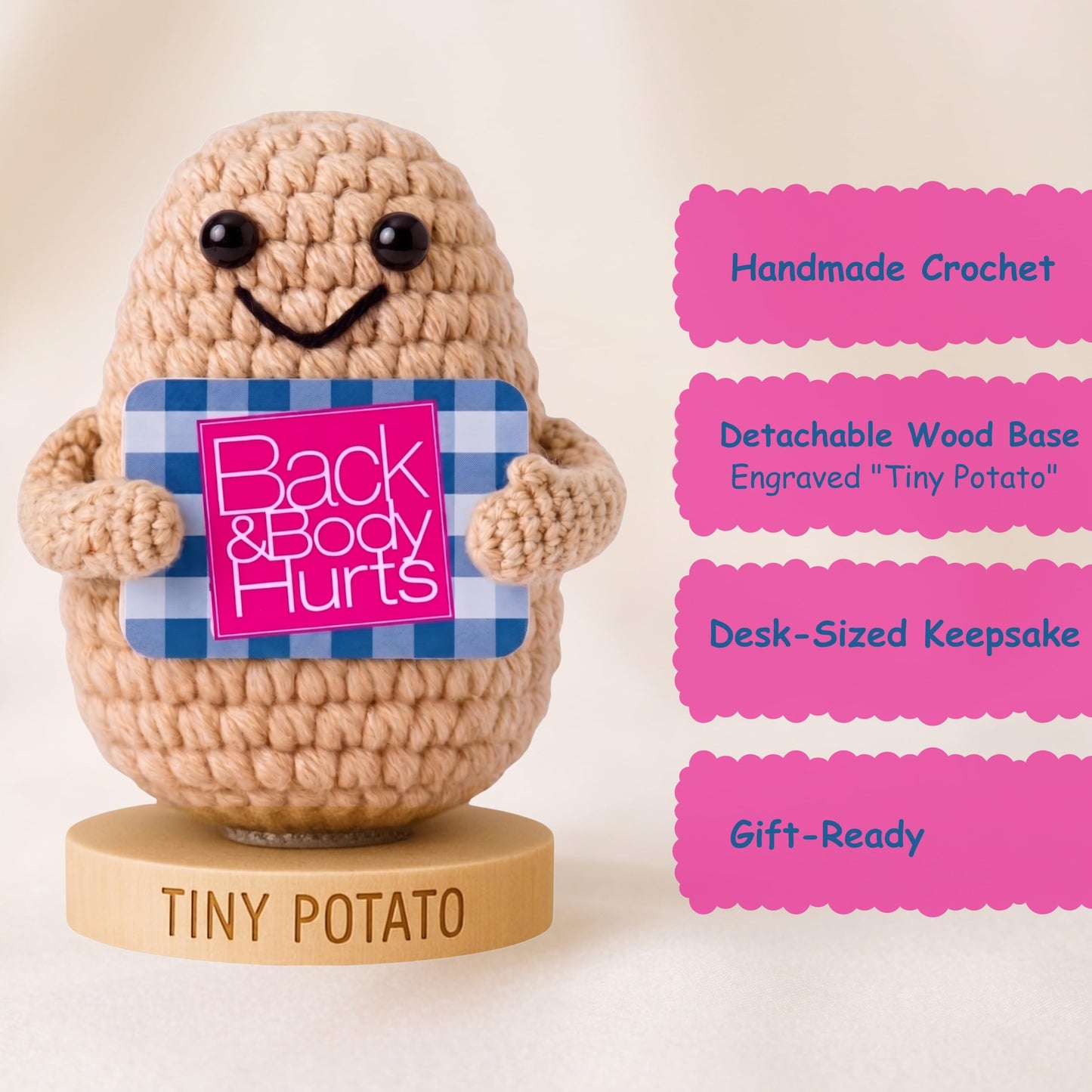 Back and Body Hurts Positive Crochet Potato - Funny Gag Gifts for Women Men Coworkers - Handmade Desk Buddy & Office Gift - Funny Birthday, Get Well and Goodbye Gifts for Coworkers, Best Friends