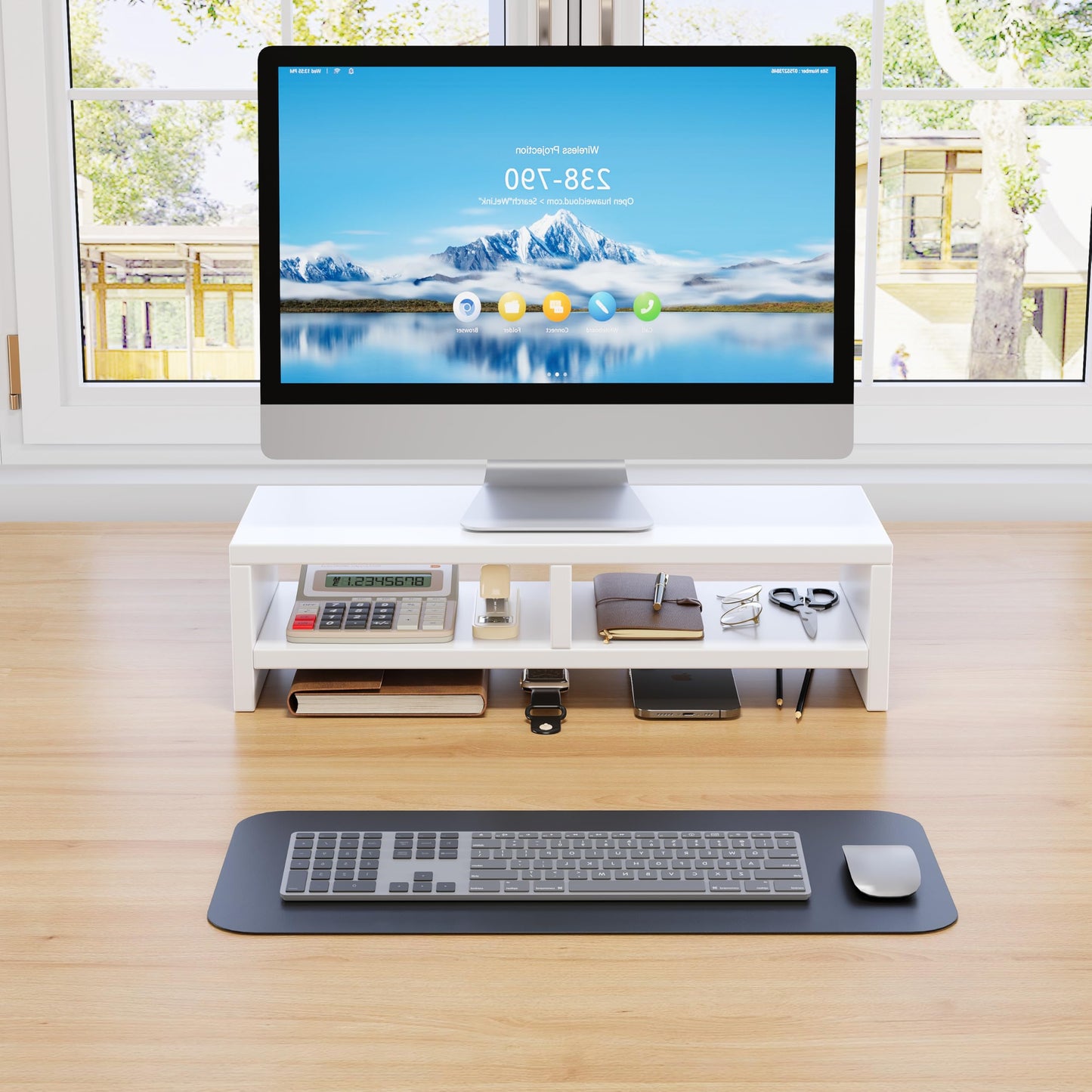 Aivernses Monitor Stand for Desk, Wooden Computer Monitor Riser with Storage, 2-Tier Desktop Monitor Stand, Laptop Stand for Home Office, Study Desk, White, 19.5 Inches