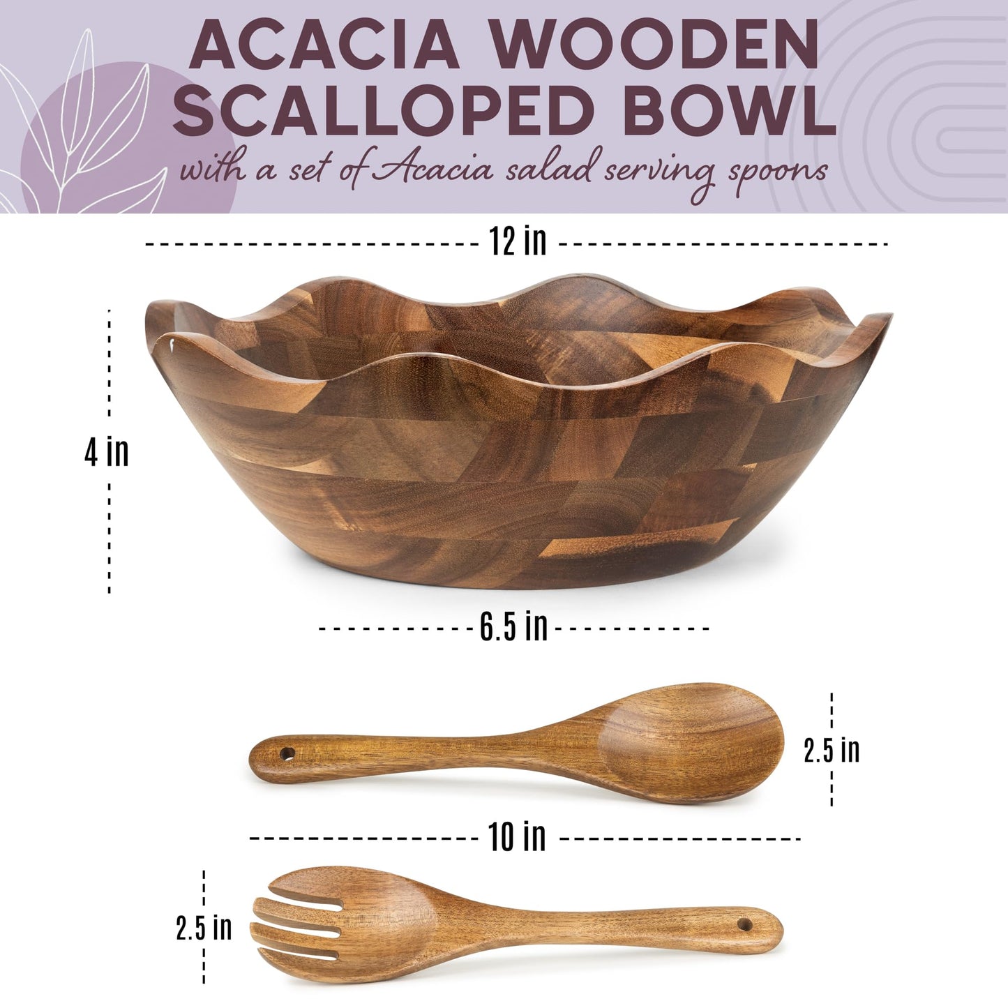 Wood Salad Bowl with Serving Utensils - Large Scalloped Decorative 12" Acacia Wooden Mixing Bowls Set with Spoons - Handcrafted Farmhouse Kitchen Serveware for Fruit, Pasta, Snacks and Home Decor
