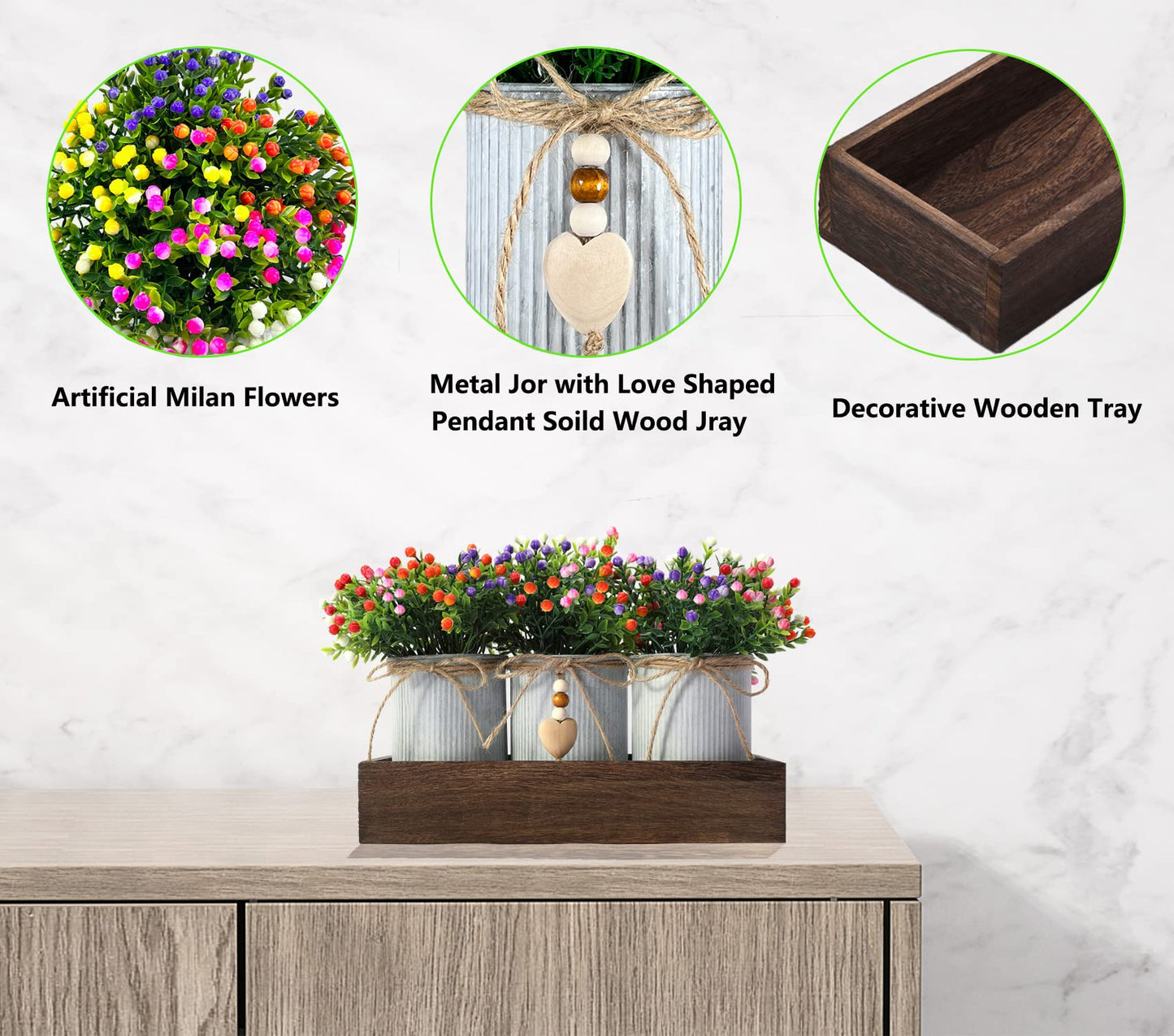 CALAVAK Decorative Centerpiece Wooden Tray with 3 Metal Potted Artificial Milan Flowers Rustic Country Farmhouse Décor for Dining Room, Living Room and Kitchen Table