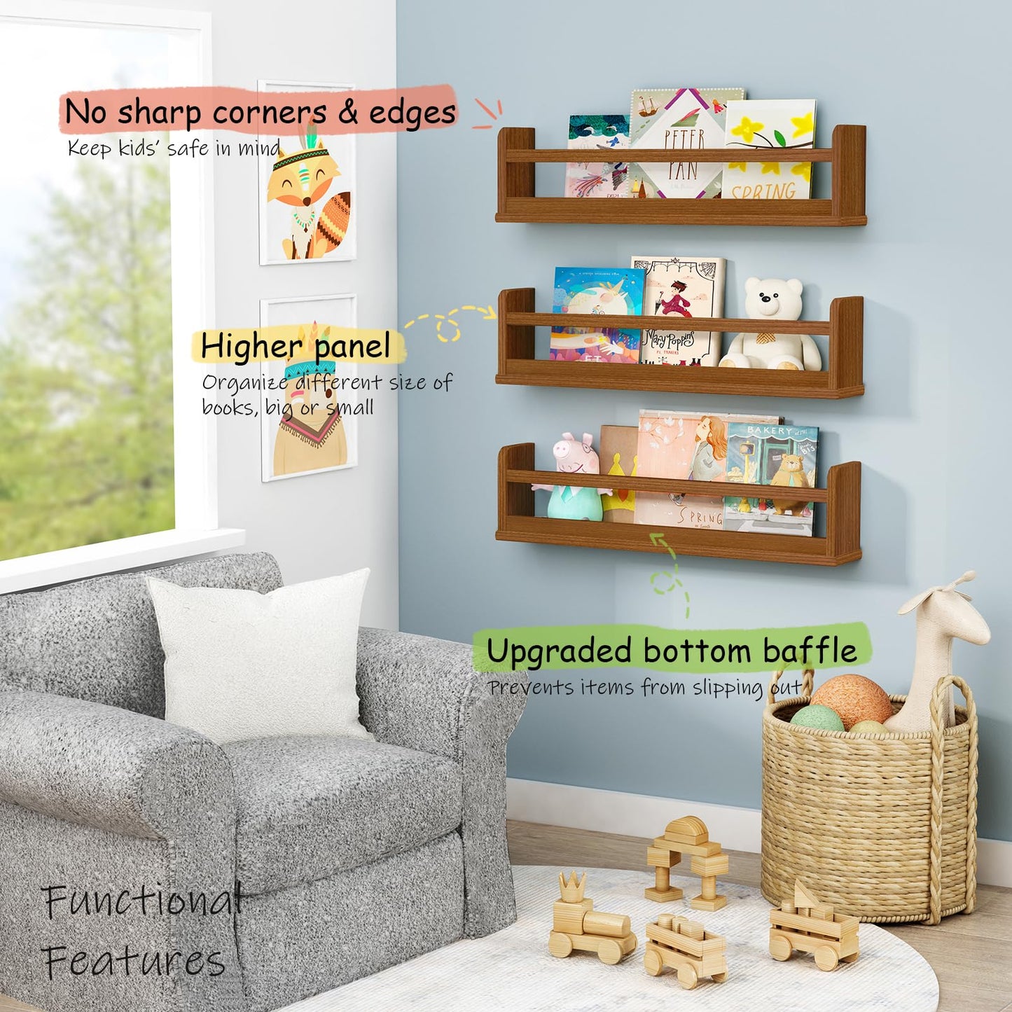Harwaya Floating Nursery Book Shelves Wall Mounted, Wooden Wall Bookshelf for Kids Room, Dark Wood Hanging Book Shelf for Baby Toddler Childrens Bedroom (24 Inch, Walnut Brown, Set of 3)