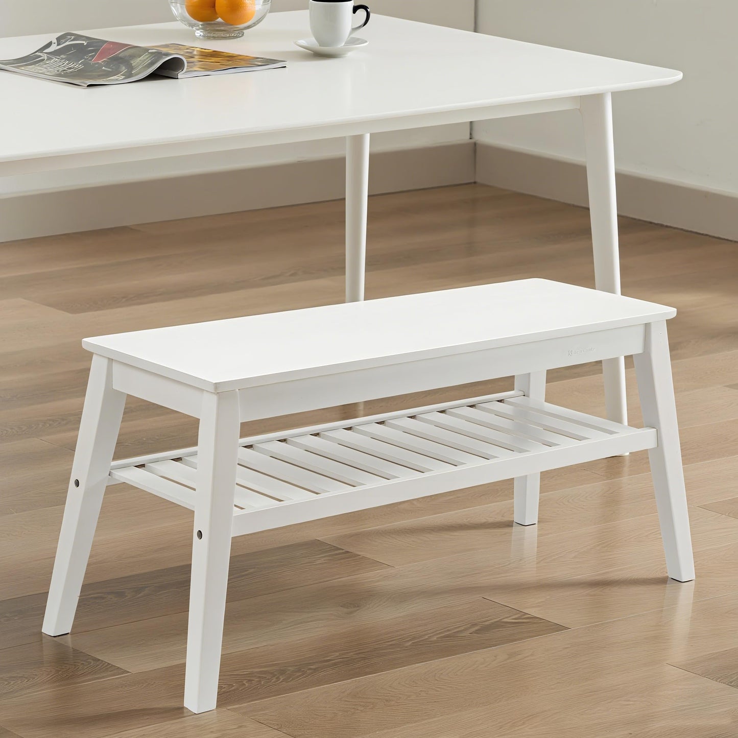 Nnewvante 33.46" White Storage Bench, Bamboo Entryway Bench for Hallway, Living Room, Bedroom, Wood Shoe Rack Wooden Outdoor Bench, Holds up to 300 lbs