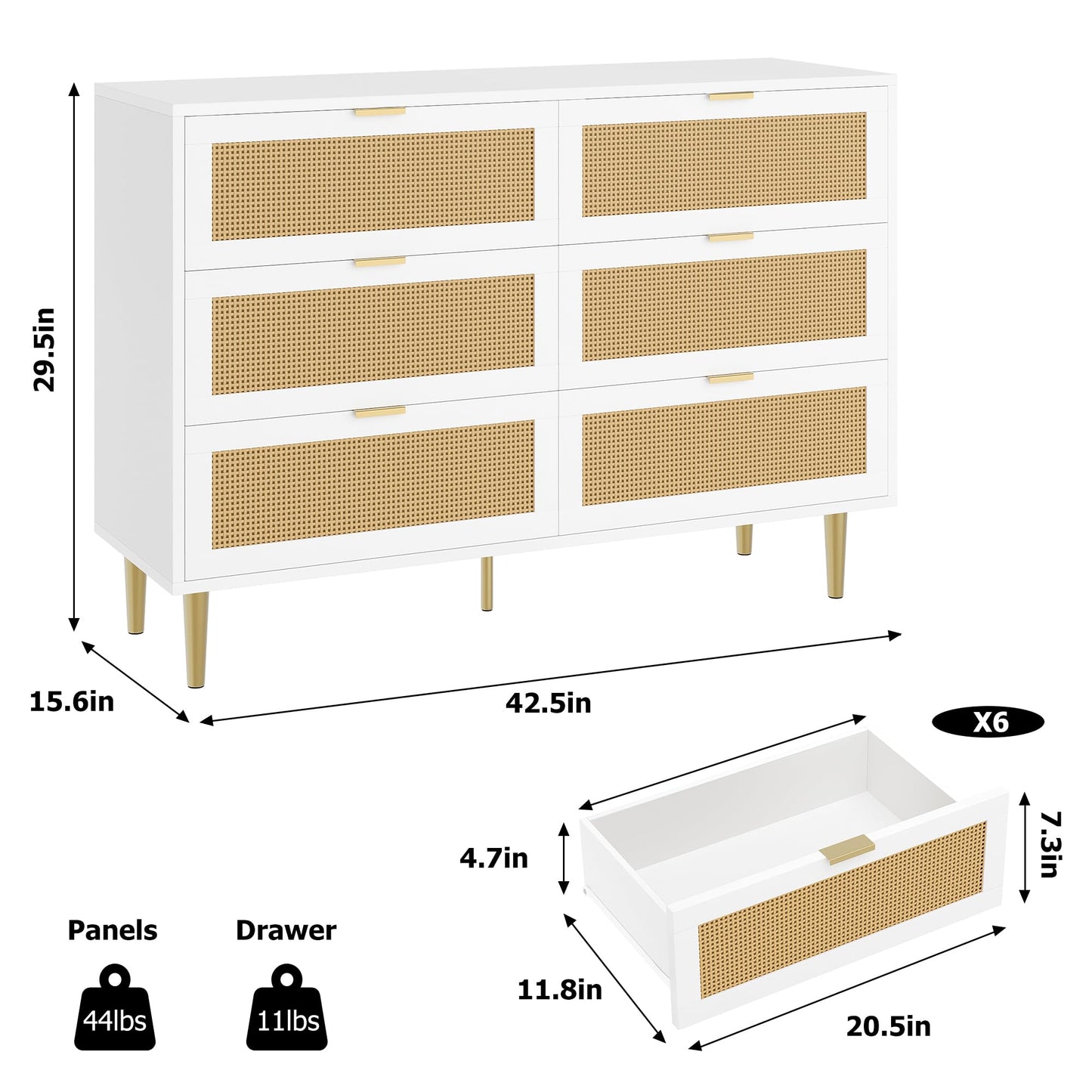 Garvee Rattan 6 Drawer Dresser, 42.5''W Wood Dresser, Chest of Drawers with Gold Legs and Handles, Double Dressers with Large Tabletop and Anti-Tipping Design for Bedroom, White