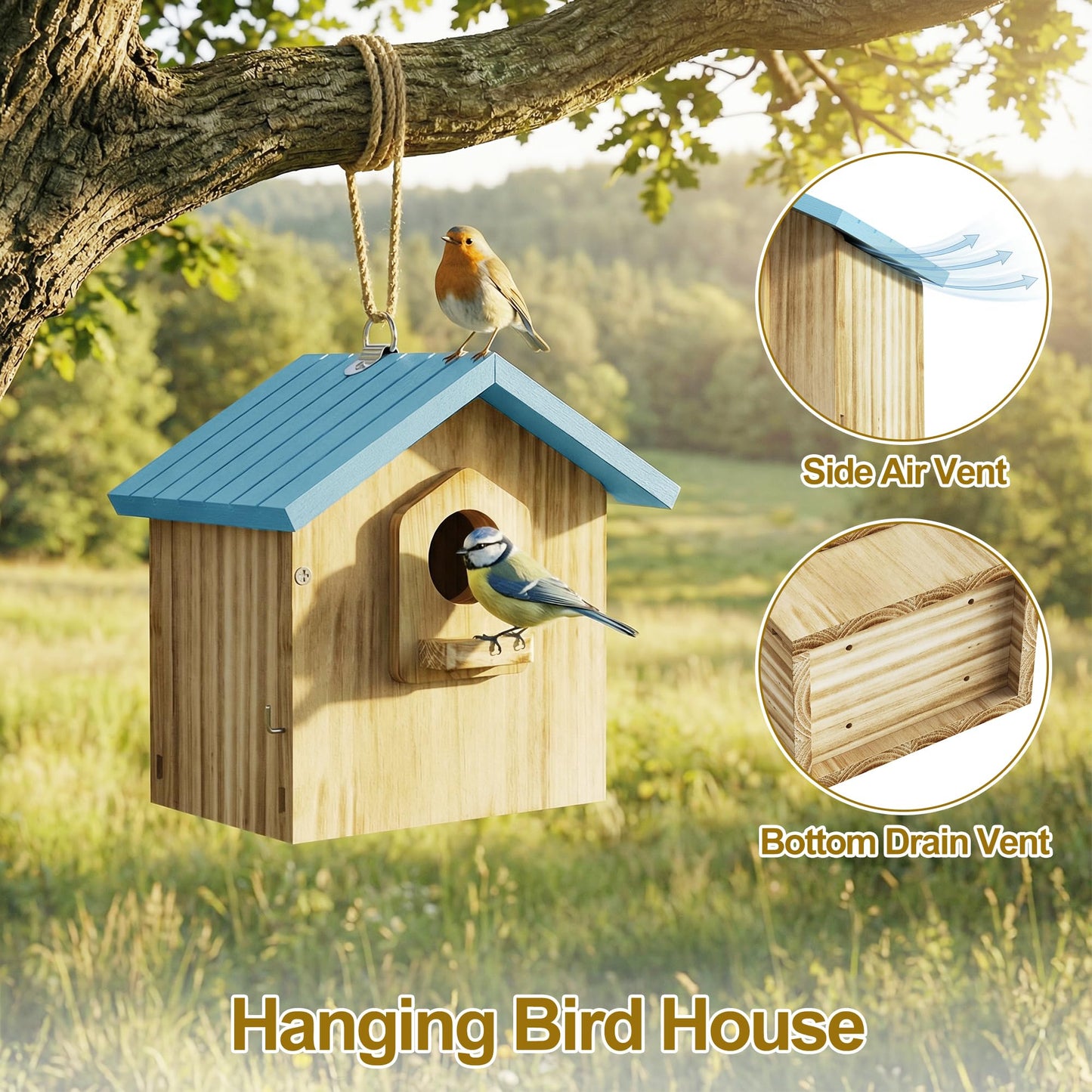 Auslar Bird House for Outside, Wooden Birdhouses for Outdoors, Bluebird House for Outside Clearance, Hanging Bird Houses for Cardinals Finch Wren Swallow for Garden Viewing