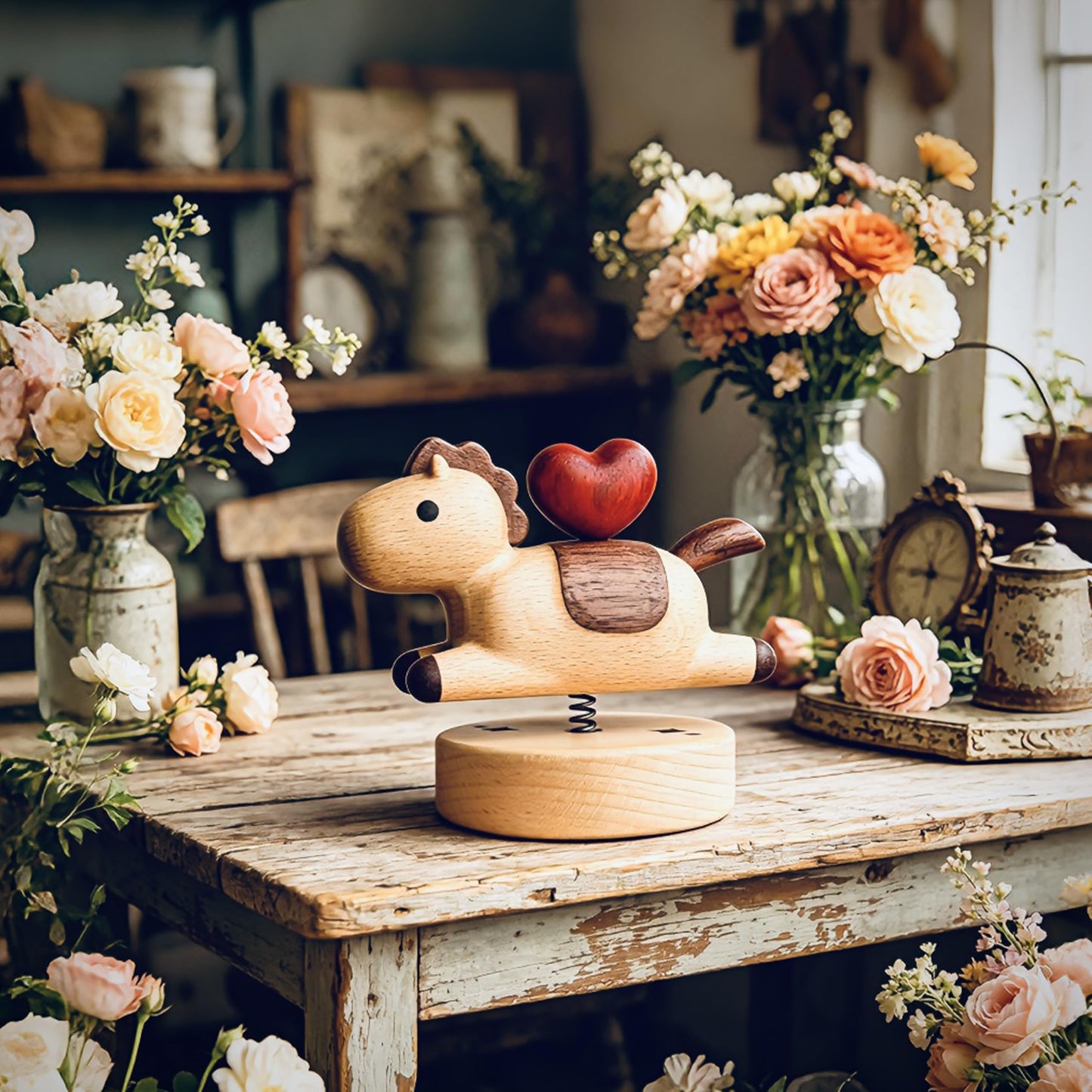 YANISM Wooden Horse Figurine with Magnetic Heart,Spring Swaying Ornament,Romantic Love Right Away Gift for Her or Him,Year of the Horse Gift
