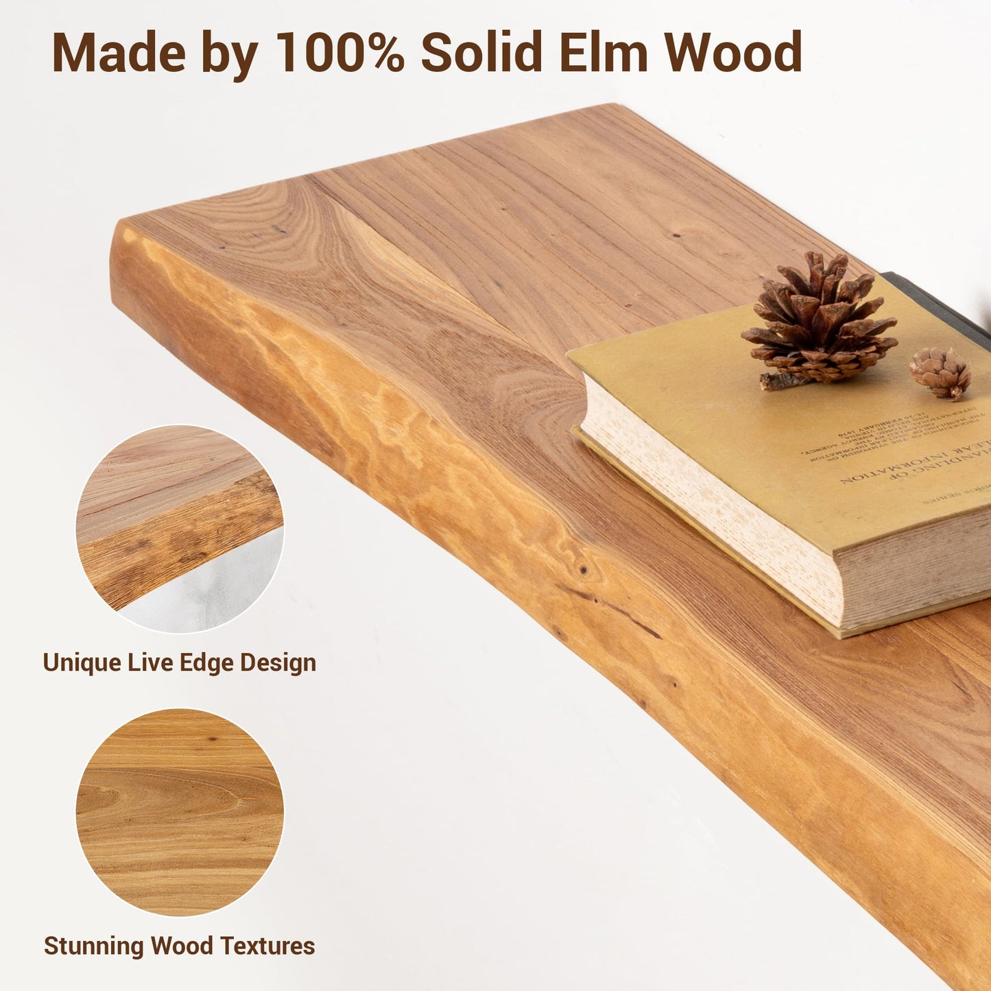 fuqing Live Edge Floating Shelves for Wall 55 Inch - Solid Elm Wood Floating Shelves Wall Mounted - 9 Inch Deep Rustic Natural Wooden Wall Shelves with Heavy Duty Brackets and Anchors