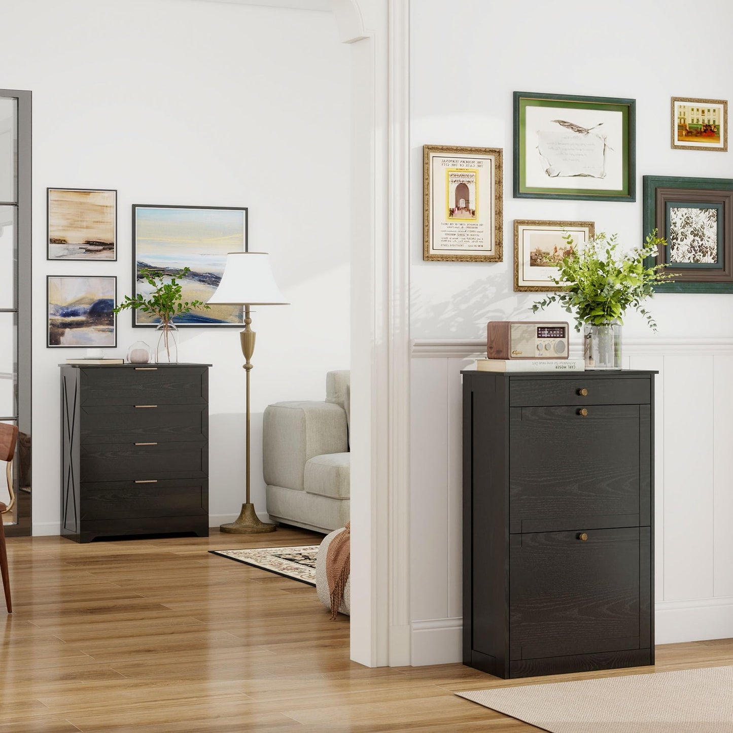 FTZxHKLX Black Wooden Dresser for Bedroom & Shoe Storage Cabinet with 2 Flip Drawers Set, Tall Dresser with Drawers & Hidden Freestanding Shoe Organizer for Closet, Entryway, Living Room, Hallway