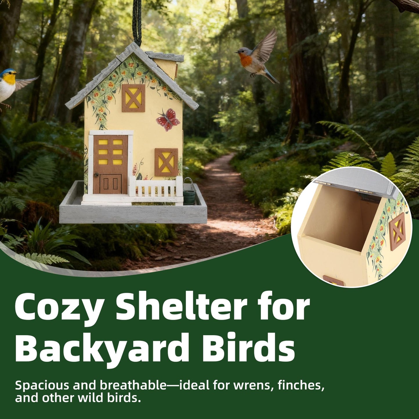 MEWANG Outdoor Hanging Bird Feeder, Decorative Wooden Bird House Without Camera for Hummingbirds, Cardinals & Bluebirds (Light Yellow)