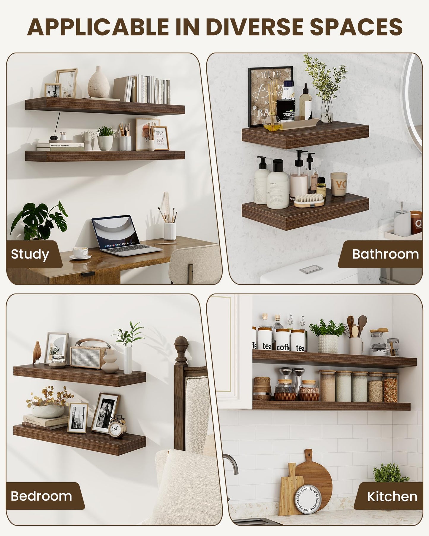 Marsmiles 72" Floating Shelves for Wall, Wooden Shelves with Invisible Brackets Set of 2, Rustic Farmhouse Wall Mounted Shelf for Kitchen Bathroom Living Room Study, Walnut