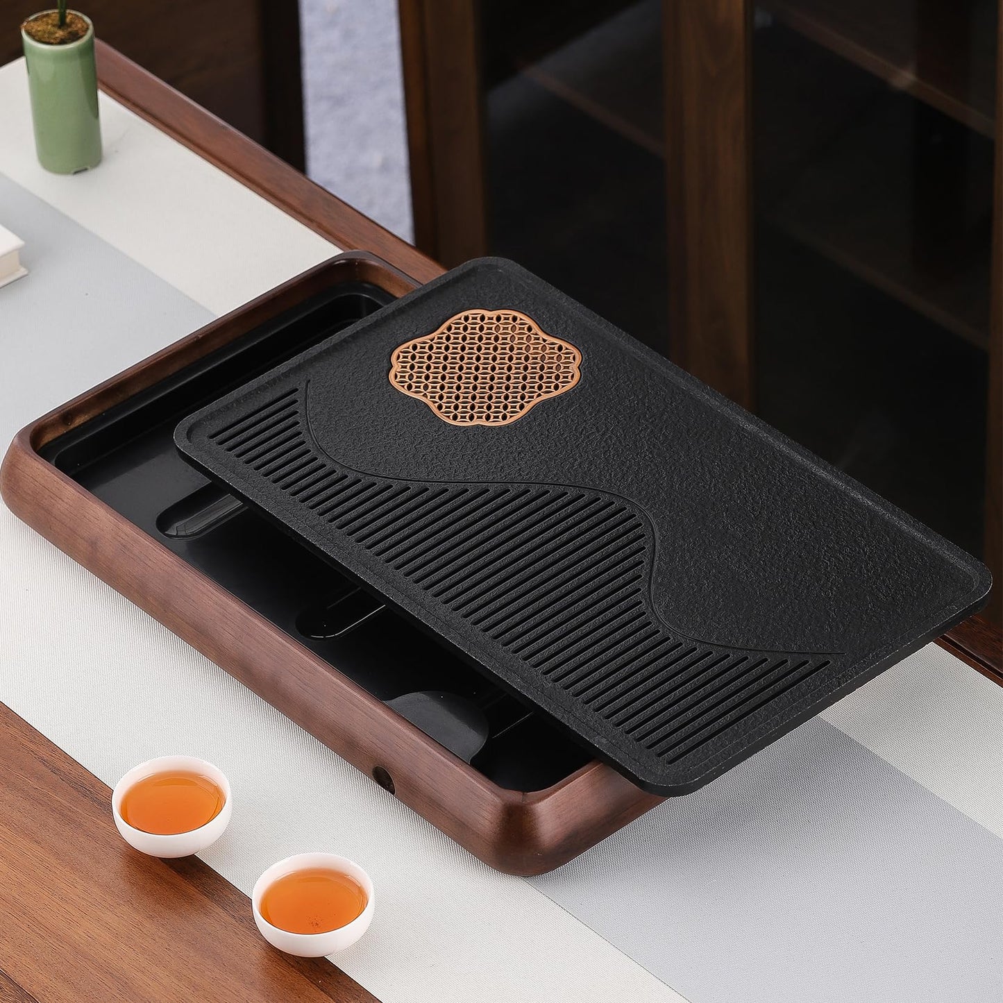 AUUKYII Wooden Chinese Tea Tray15 x 10 x 2 inches，Japanese Tea Serving Tray, Gongfu Tea Table Set with Reservoir Type Water Storage Box