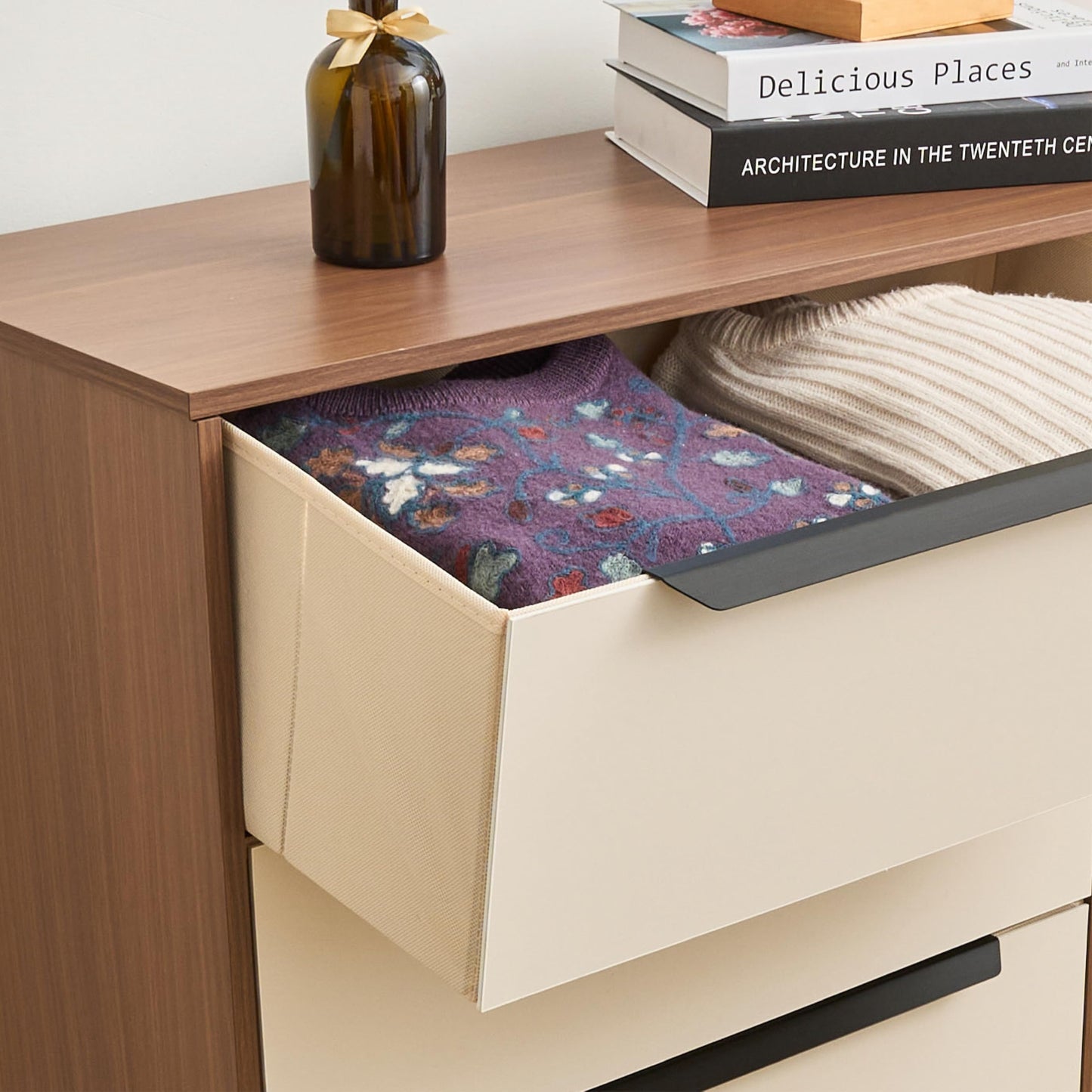 tinge Lira Premium 4 Drawer Fabric Dresser - Engineered Wood Frame Chest of Drawers for Bedroom - Strong & Sag-Proof Clothing Organizer with Sleek Metal Handles (Dark Brown)