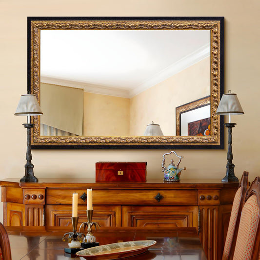 Autdot Vintage Gold Mirror 36”x24”, Black Decorative Mirror for Vanity with Gold Foil Carvings Solid Wooden Frame, Antique Handmade Aging, for Luxe Living Room, Entryway, Bathroom and Bedroom