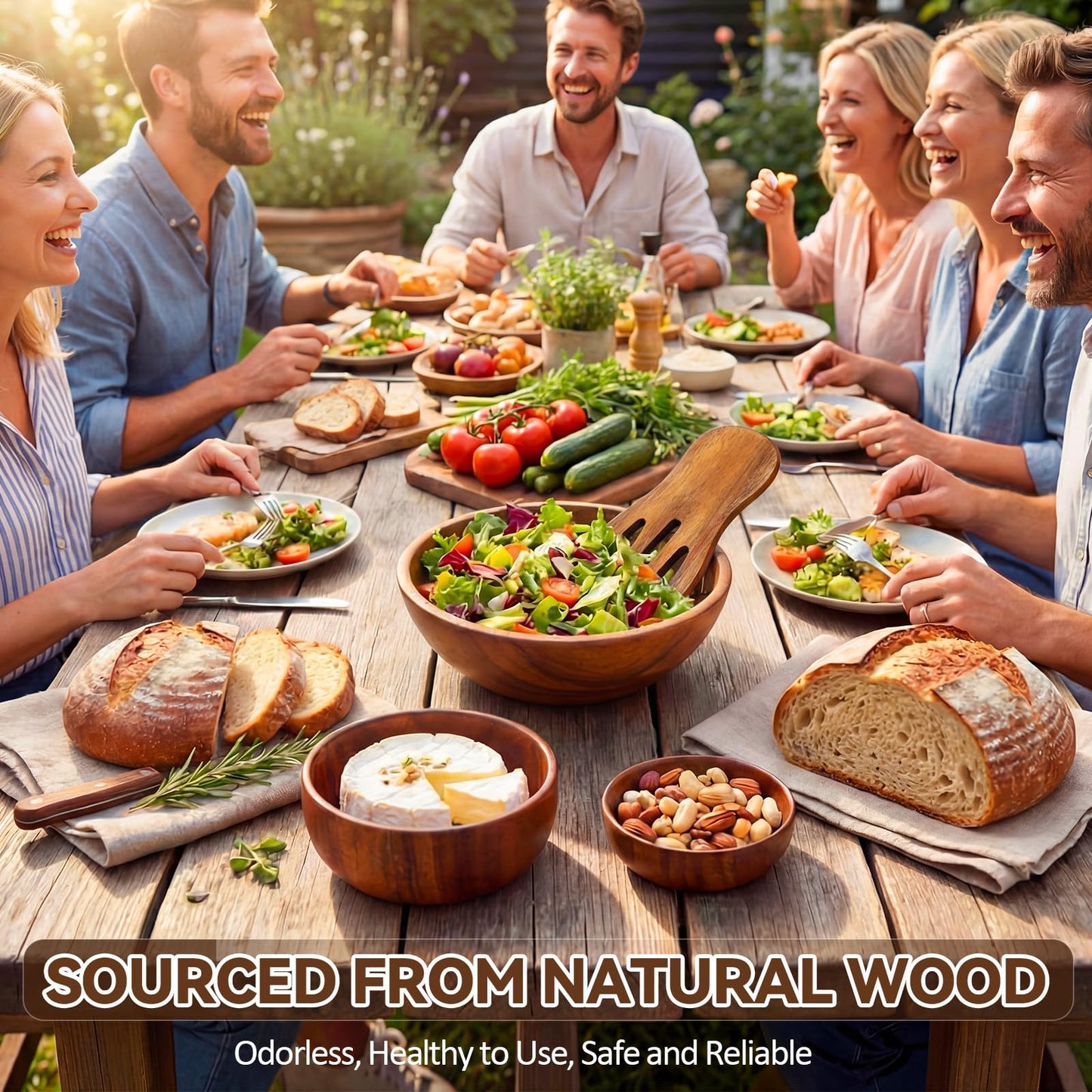 Hushee 5 Pcs Acacia Wood Salad Bowl Set 4.7" 6.3" 9.5" Wooden Mixing Bowls with 2 Wooden Hands Large Wood Serving Bowl with Serving Utensils for Kitchen Fruits Cereal Corn Flake Pasta Gift Giving