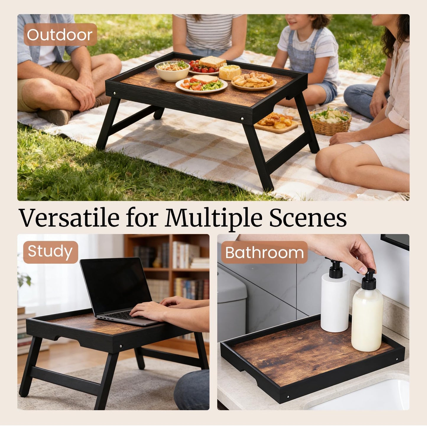 Fibogollo 2 Pack Wooden Bed Tray Table with Folding Legs,Breakfast Trays,Serving Tray for Food and Snack,Laptop Trays for Working