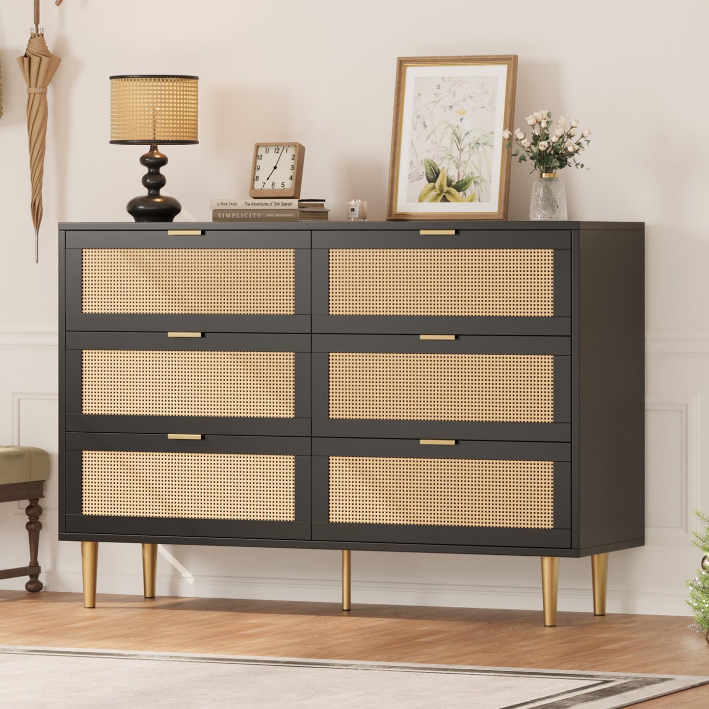 Garvee Rattan 6 Drawer Dresser, 42.5''W Wood Dresser, Chest of Drawers with Gold Legs and Handles, Double Dressers with Large Tabletop and Anti-Tipping Design for Bedroom, Black