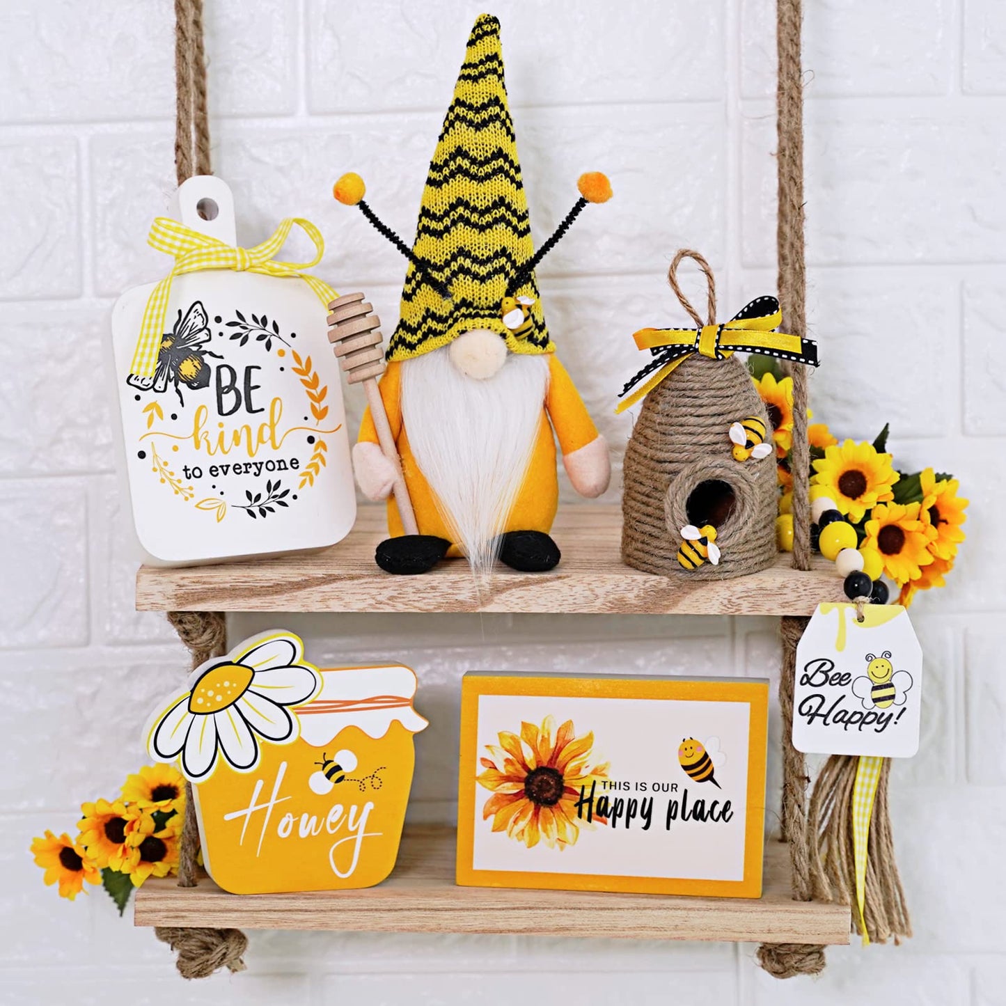 KnomeKo Bee Tiered Tray Decor Set, 6 Pcs Summer Farmhouse Decor with Gnome, Bee Hive, Sunflower Wood Signs & Garland, Rustic Countertop Kitchen Coffee Bar Decorations