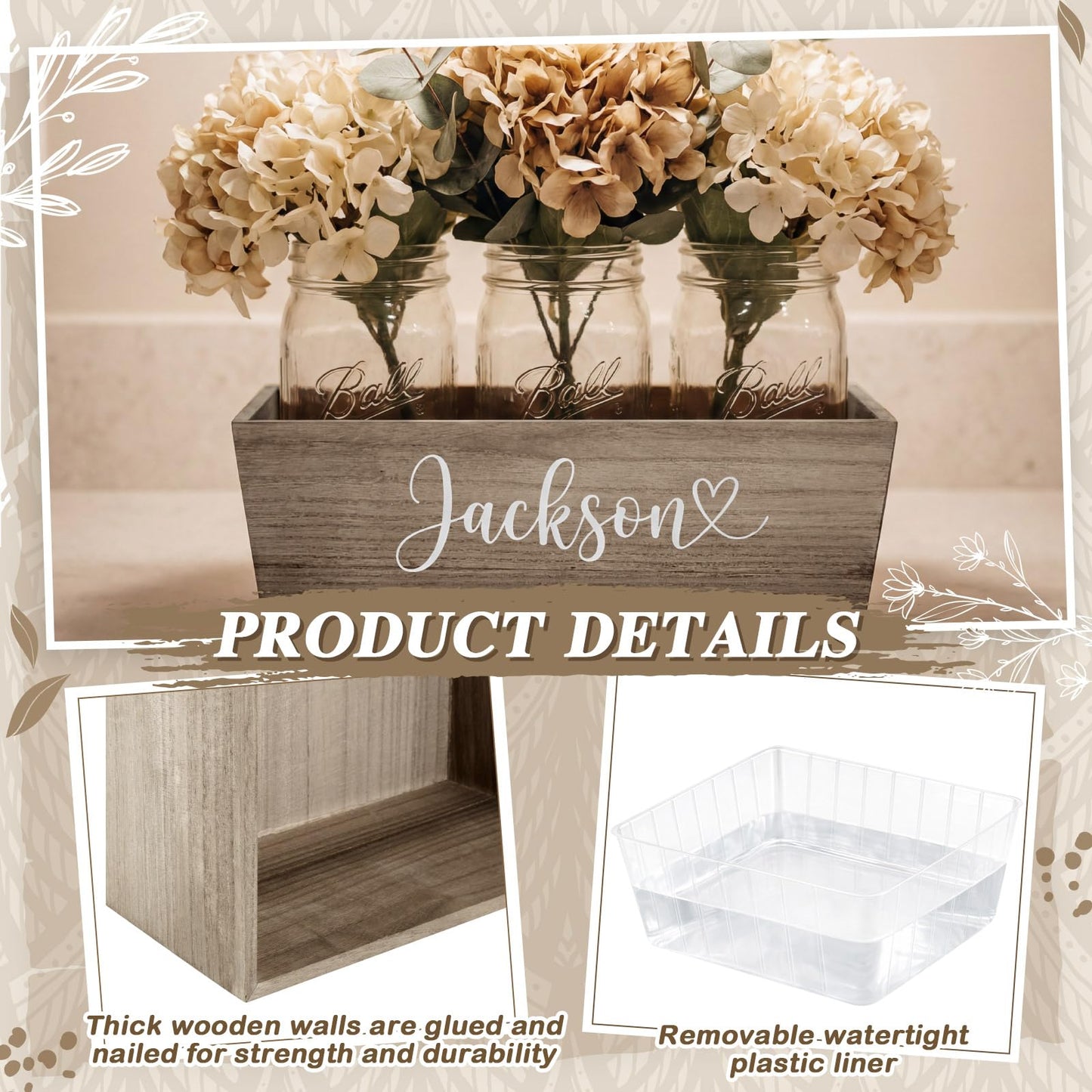 Dandat 6 Set Wooden Centerpiece Box for Wedding Table Decor 10 Inch Rustic Wood Planter Box with Removable Plastic Liner Flower Boxes for Party Wedding Baby Shower Home Garden Decor(Brown)