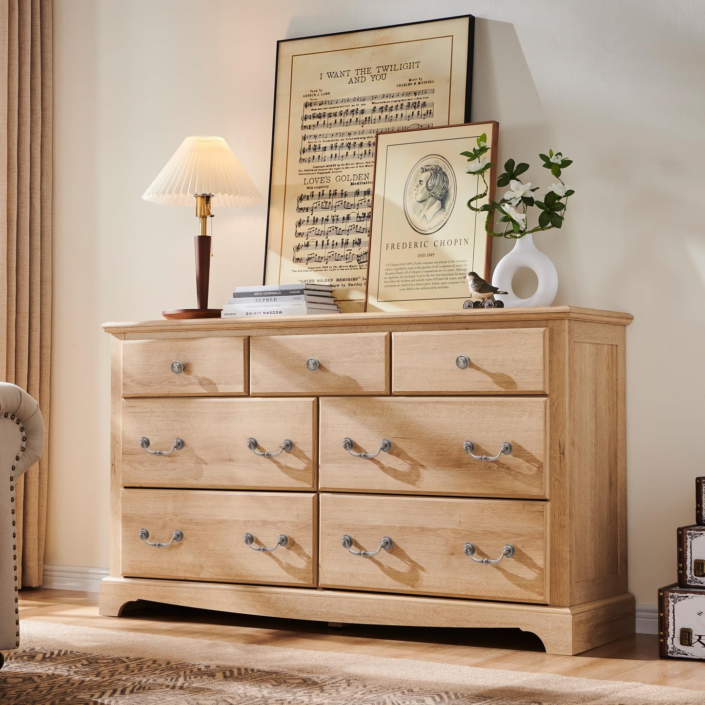T4TREAM 54" Wide 7 Drawers Dresser Chests for Living Room, Natural Oak