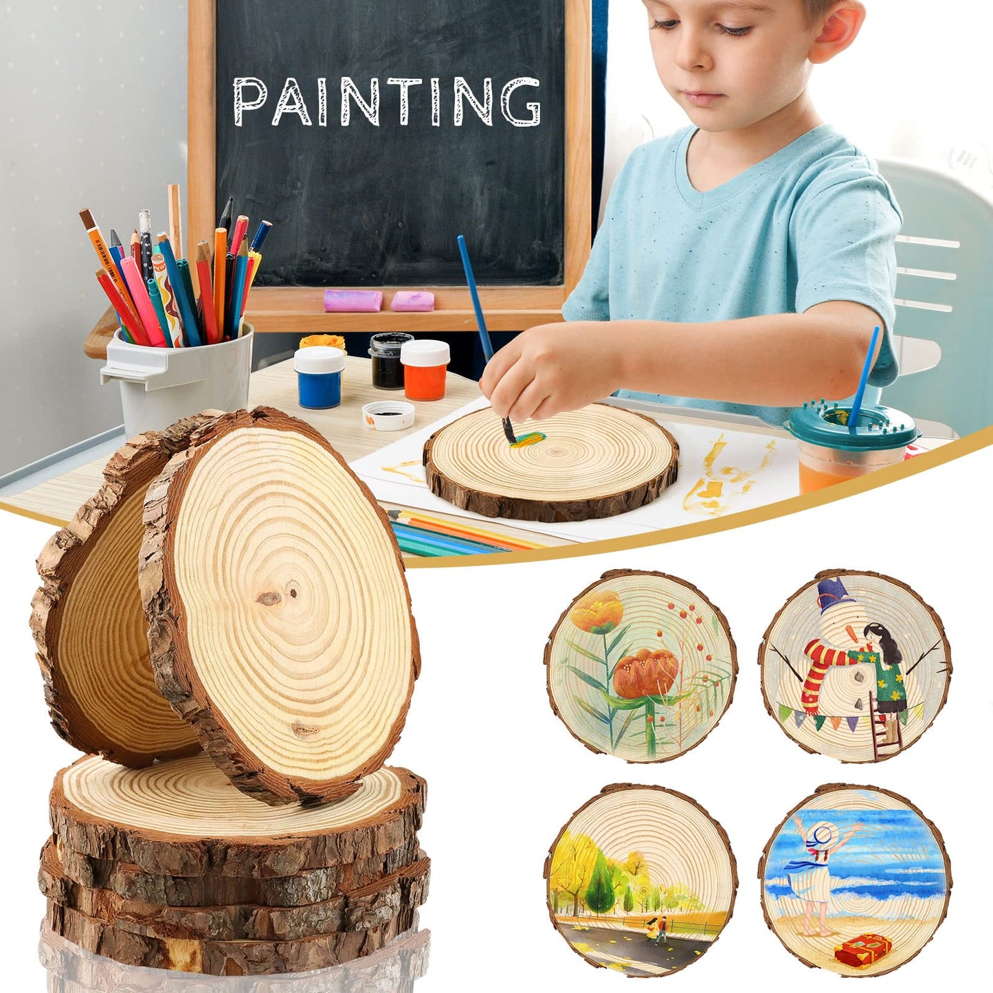 FSWCCK 6 Pack Nature Unfinished Round Wood Slices, 7-8 Inches Wooden Circle, Large Wood Slabs for Weddings Centerpieces Decor and DIY Painting Crafts