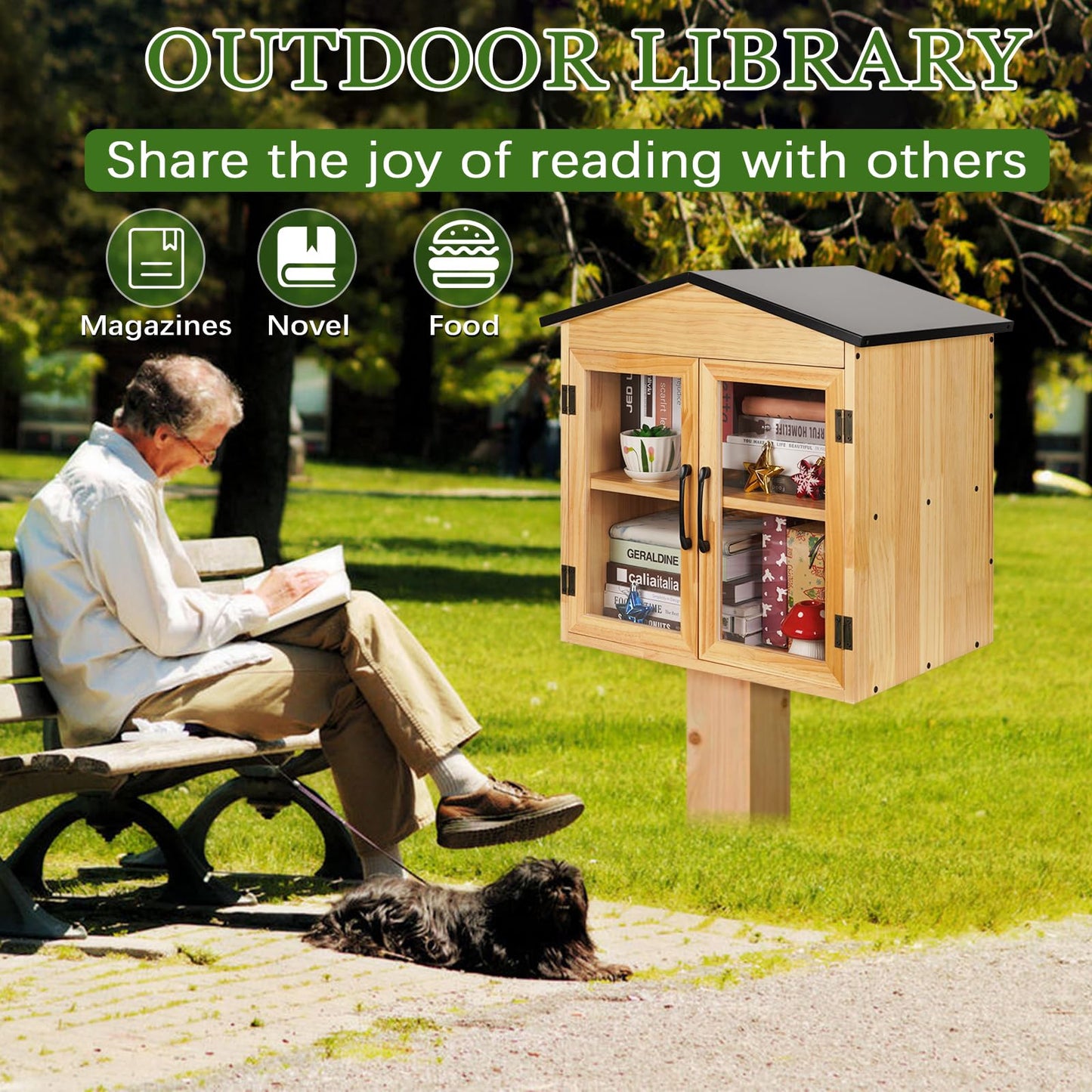 Exttlliy Outdoor Library Outdoor Book Box Storage Small Wooden Cabinet Little Literature Box for Neighborhoods Community and Schools Sharing Books, Flyers, Newspapers, Food and Art (D)
