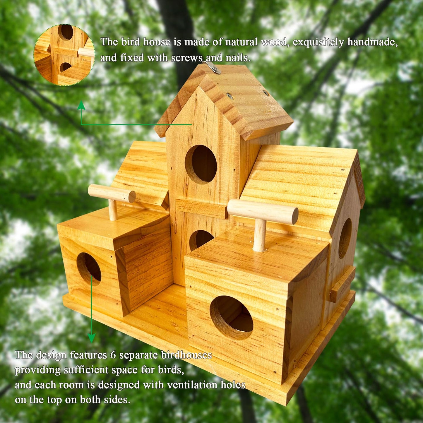 LENEDI Bird Houses for Outside Clearance, Large Bird House for 6 Bird Families Finch Cardinals Wooden Hanging Birdhouses for Outdoors Garden, Bluebird House Hummingbird Houses