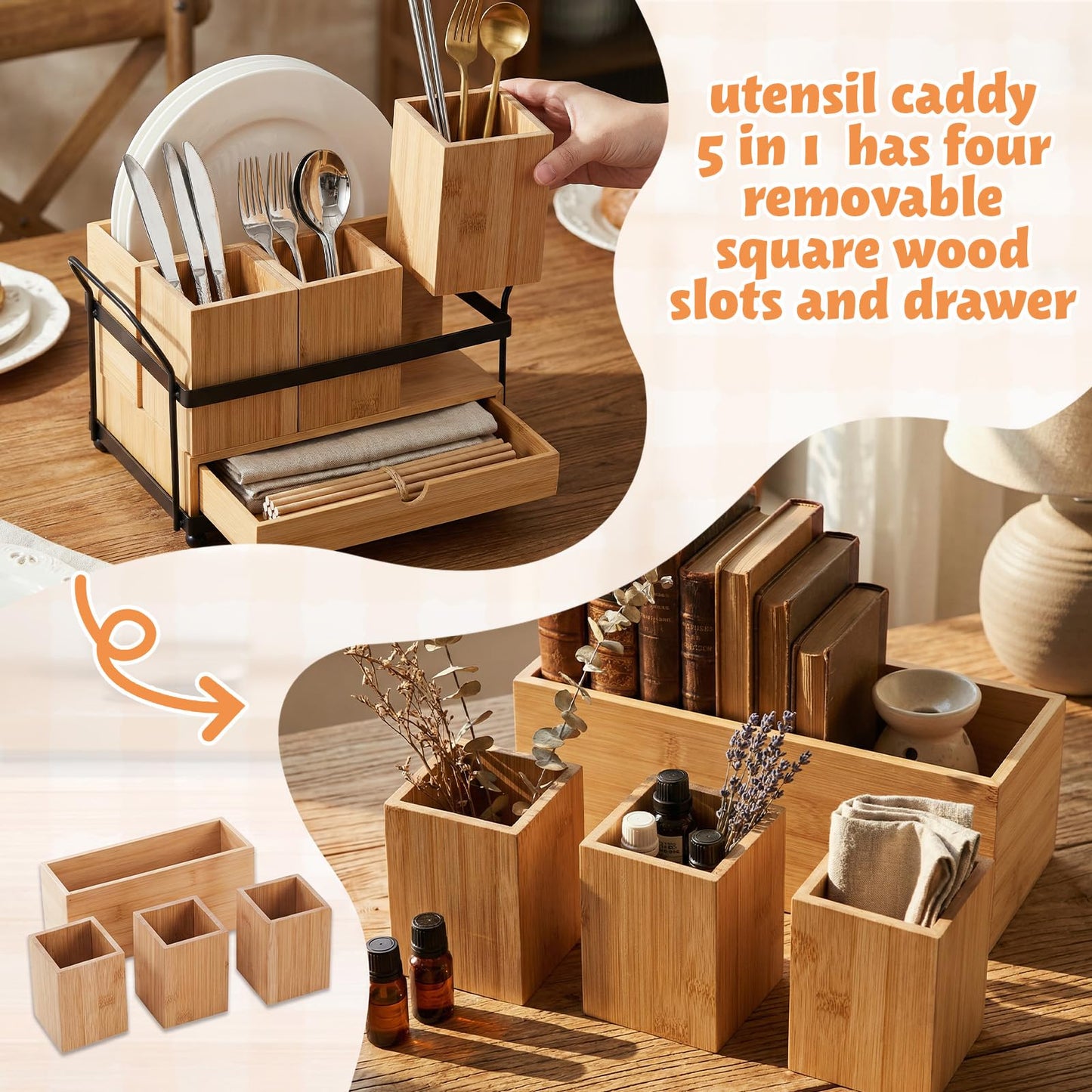 Qunclay Wooden Silverware Caddy with Drawer, Paper Plate Organizer Holder Dispenser for Party, Utensil Cutlery and Flatware Holder with 4 Compartments for Forks, Spoons, Napkins, Kitchen Countertop