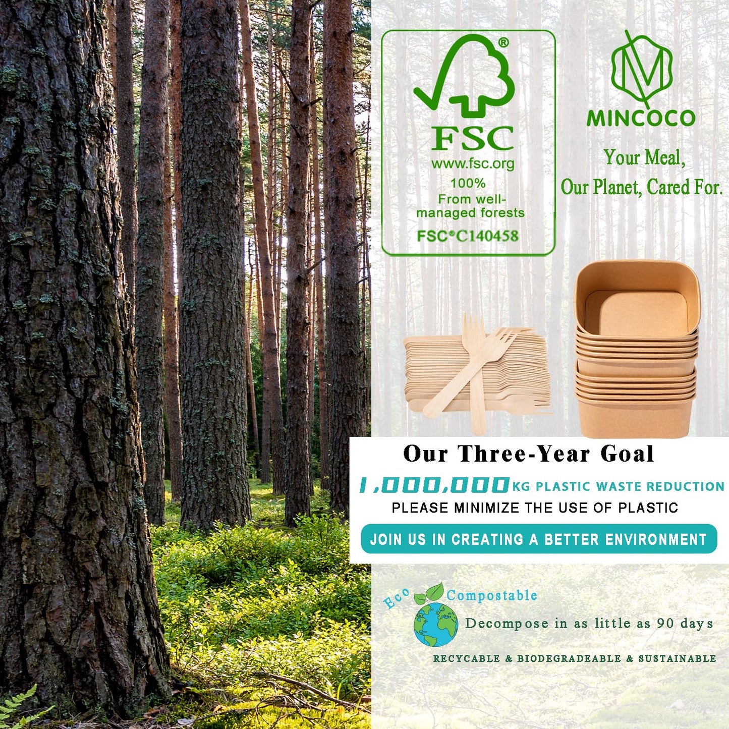MINCOCO 50 Count Disposable Paper Bowls with Lids Meal Prep Containers 【Includes 50 Wooden Forks + 100 Labels】 Salad Food Containers Freezer & Microwave Safe Leakproof Soup Bowls (25 Ounce, 50-Count)