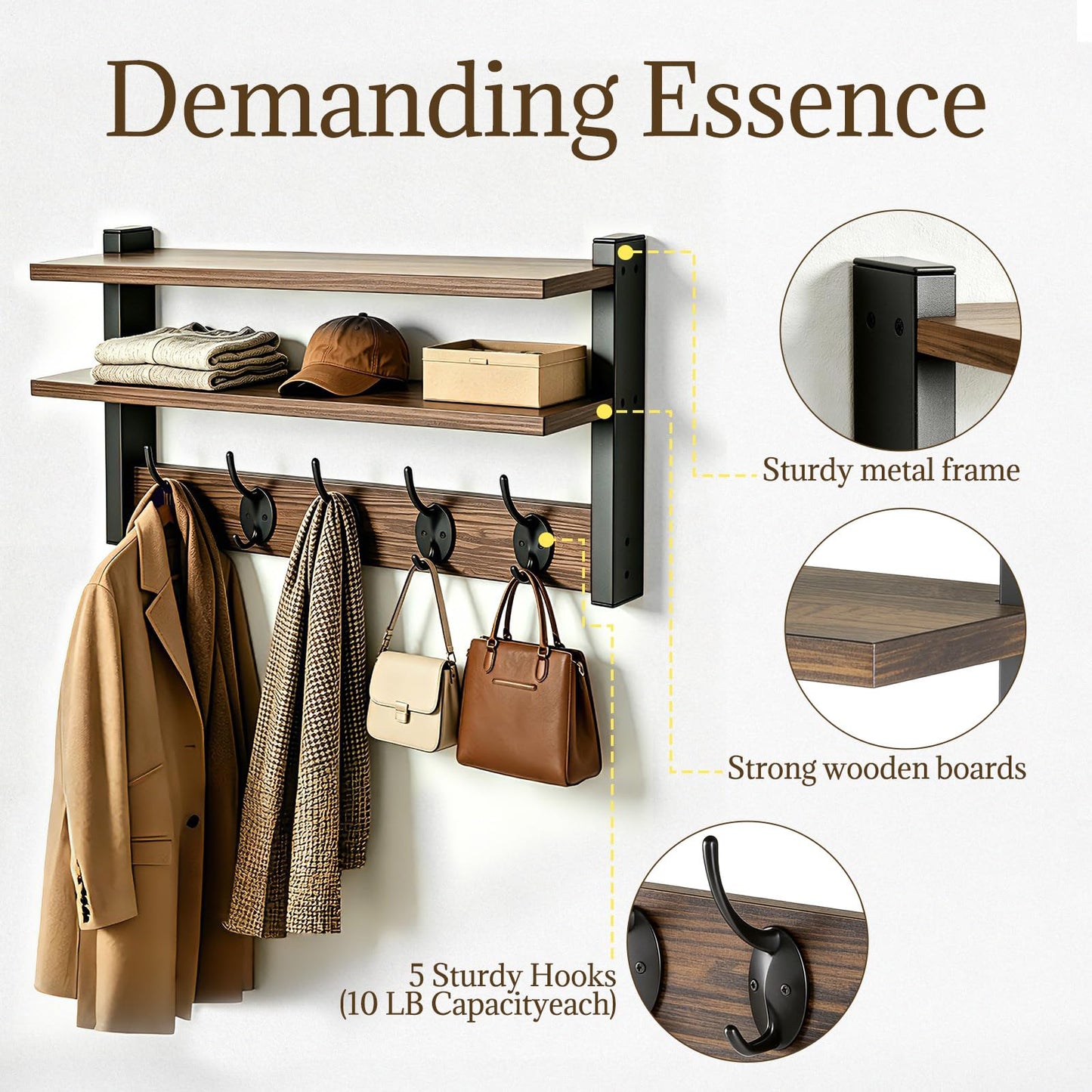 FOMAYKO Wall Hooks with Doubel Wood Shelves, 17 Inch Coat Hooks with Shelf, Wall-Mounted, Entryway Hanging Shelf with 5 Metal Hooks for Clothes Hats Towel Purse, Bathroom Bedroom, Rustic Brown Black