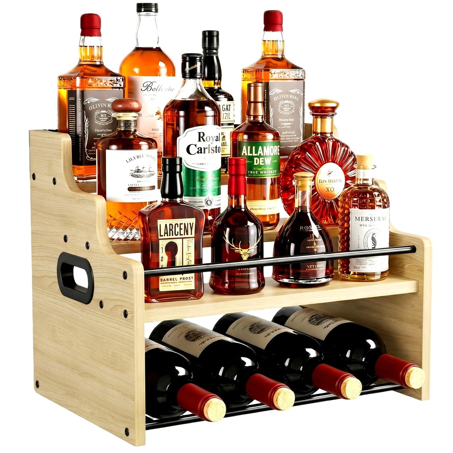 FZGhome 4-Tier Wood Display Shelf Wine Rack for 16 Bottles Wood Coffee Syrup Organizer with Handles Home Whiskey Shelf Retro Mini Liquor Cabinet Spice Rack Coffee Bar Shelves, Oak