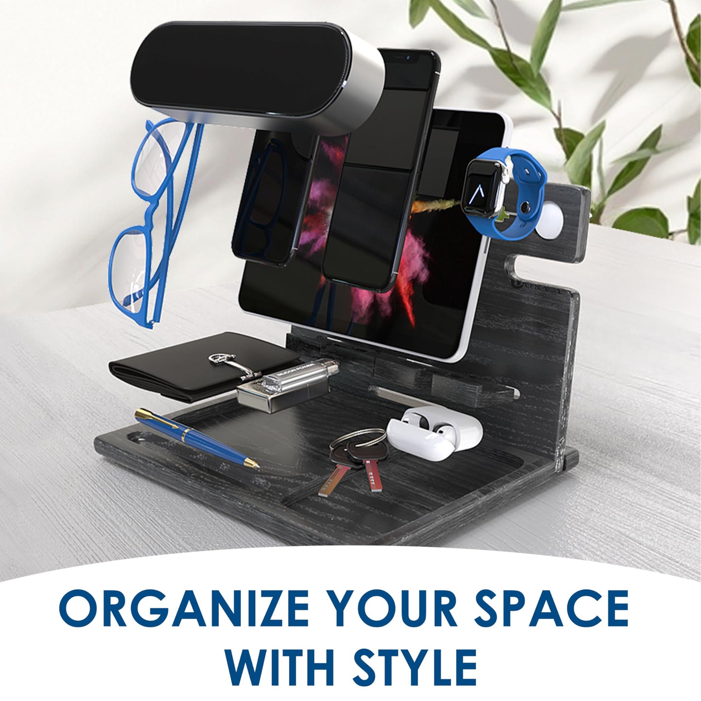 BarvA Two Phone Docking Station | Night Stand Desk Organizer | Wood Nightstand Organizer | Tablet Smart Watch Earbuds Charging Station | Upgraded Dresser Phone Stand | Bed Room Decor Gifts for Men