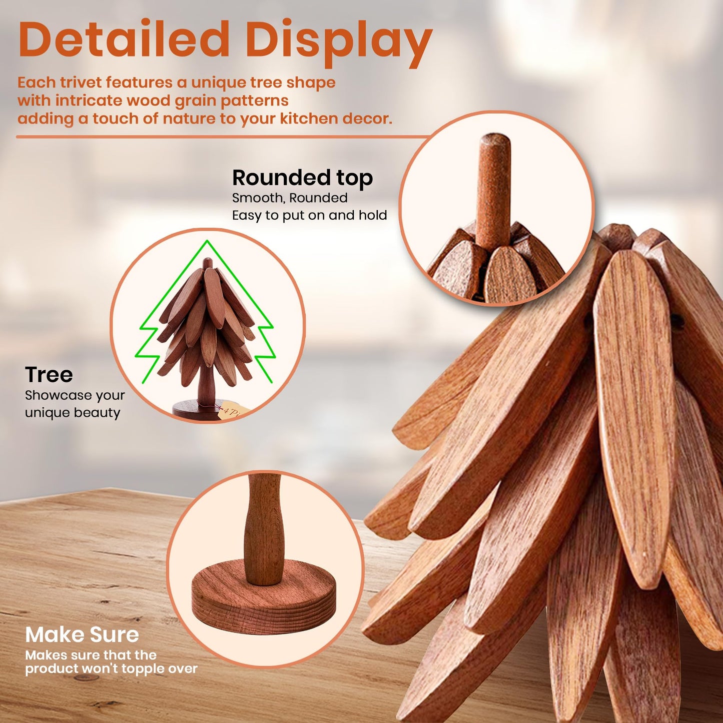 5Pcs Wooden Trivets for Hot Dishes - Heat Resistant Hot Pads for Kitchen, Tree Shaped Wood Trivet Set of 5 with Stand, Walnut Wooden Kitchen Accessories for Pots and Bowls (Walnut Wood 5)