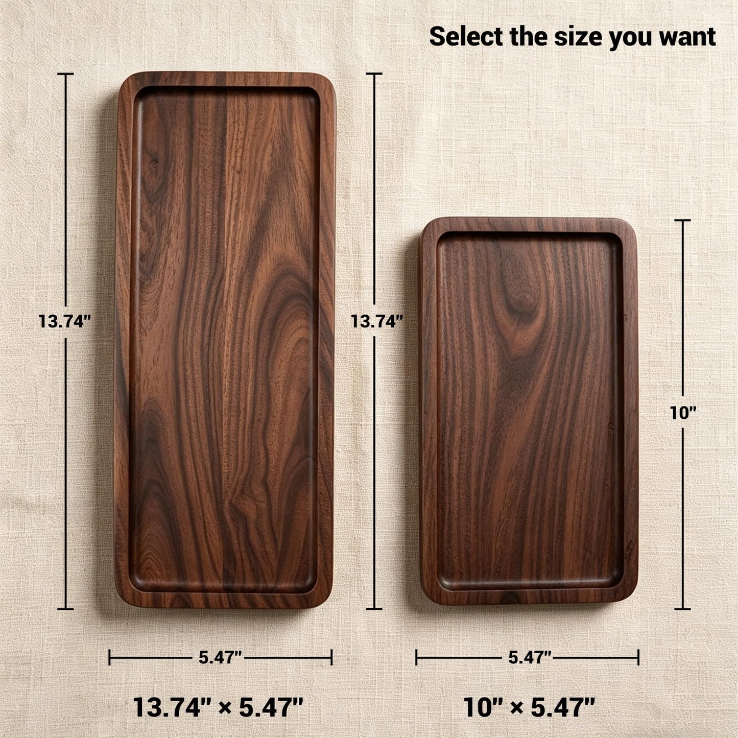 SANZIE Walnut Wooden Tray for Bathroom, Wood Vanity Tray for Counter, Toilet Tank, Rectangle Serving Tray for Food Appetizer Tea Dessert Kitchen Candle Tissue Home Decor (13.74 x 5.47 in)