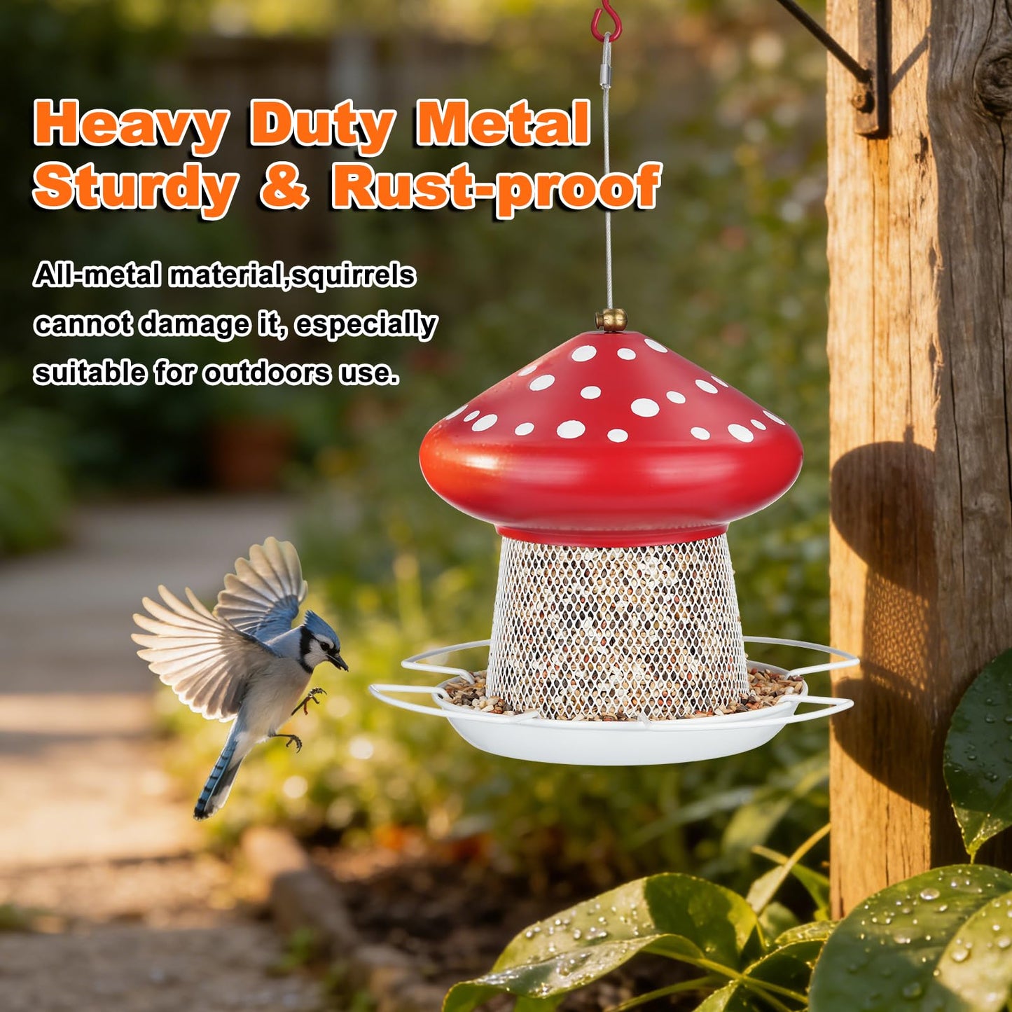 IWNTWY Bird Feeder, Heavy Duty Metal Bird Feeders for Outdoor Hanging, Cute Mushroom Shape Wild Birdfeeder for Outside Garden Yard (Red)