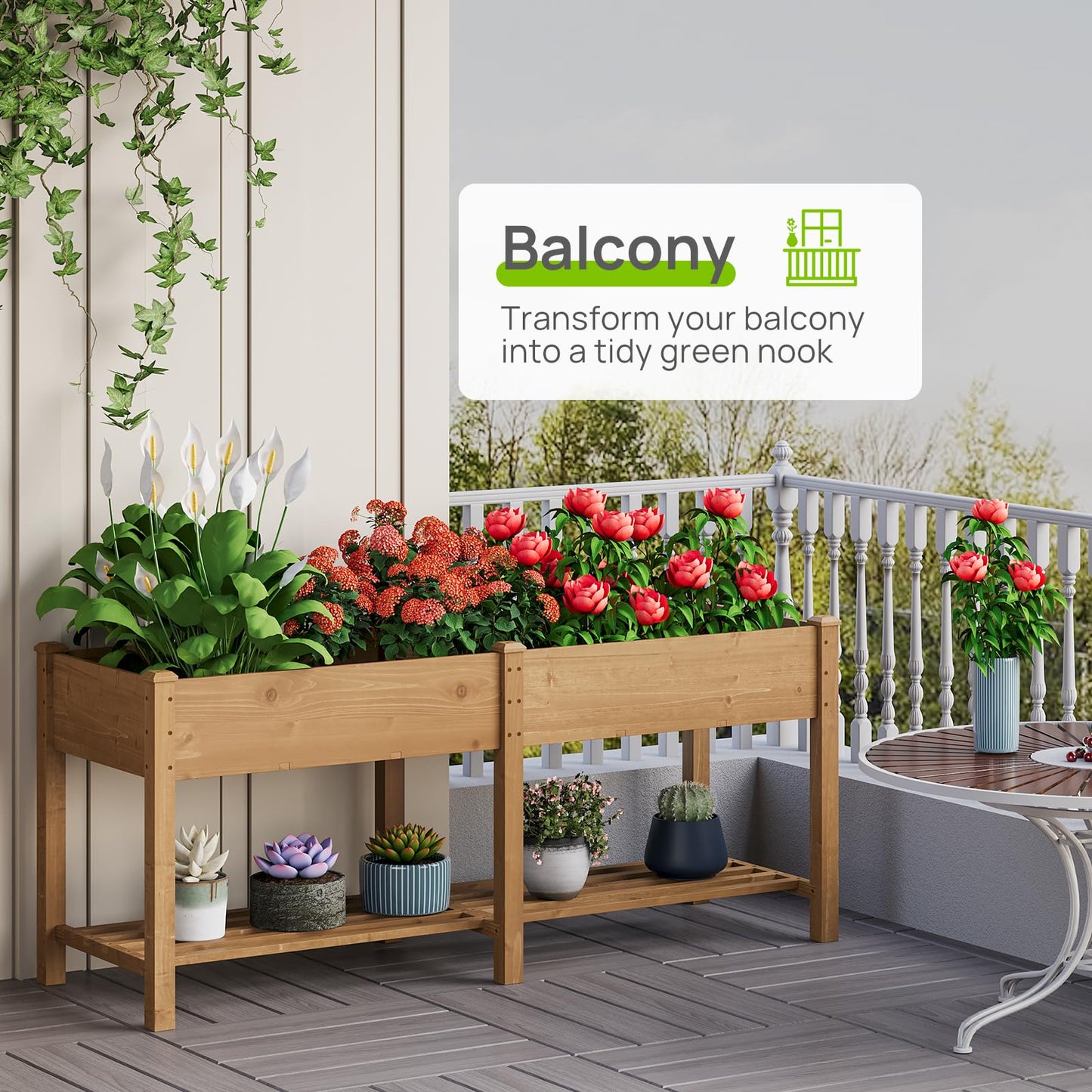 72x24x30.7in Wood Raised Garden Bed with Legs Wooden Planter Box with Storage Shelf Elevated Wood Planter Box for Vegetables Flowers Herbs Garden Planter for Backyard Patio Balcony (Brown, Large)