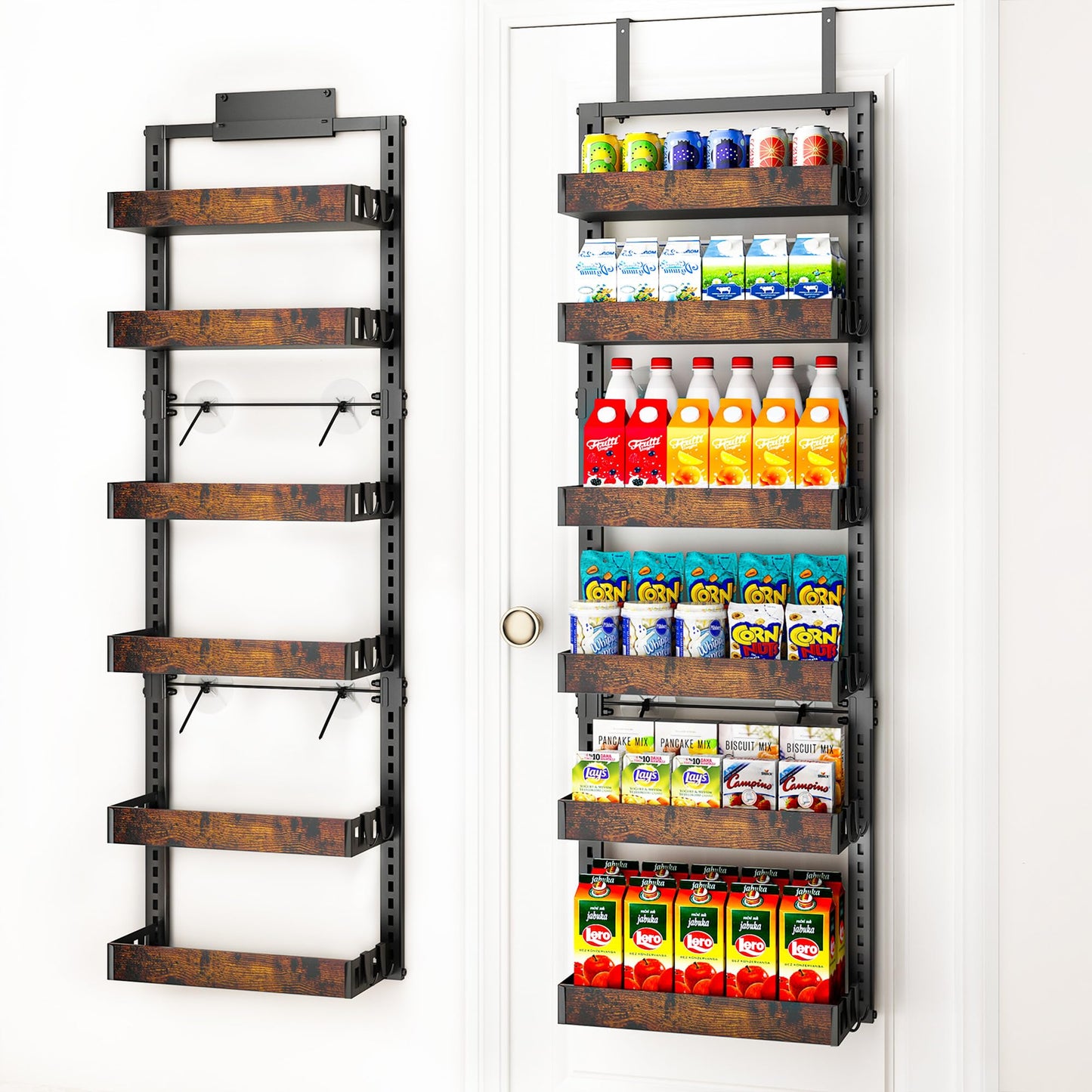 BUKFEN 6-Tier Over the Door Pantry Organizer, 2-in-1 Door Hanging or Wall Mounted Spice Rack with Adjustable Wooden Baskets, Heavy Duty Metal Storage Shelf, 12 Hooks for Kitchen, Bathroom, Closet