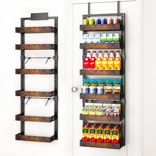 BUKFEN 6-Tier Over the Door Pantry Organizer, 2-in-1 Door Hanging or Wall Mounted Spice Rack with Adjustable Wooden Baskets, Heavy Duty Metal Storage Shelf, 12 Hooks for Kitchen, Bathroom, Closet