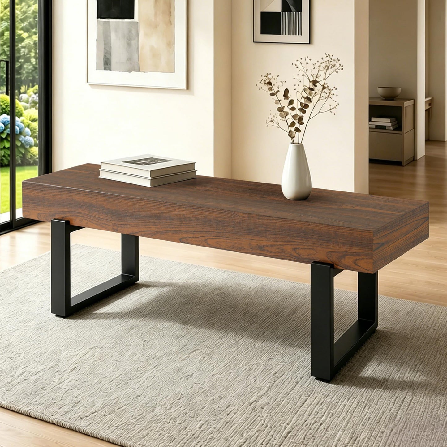GDFStudio Modern Wooden Bench with Metal Legs, Entryway Shoe Bench Indoor, Dining Seating Bench with Thick MDF Top, Industrial Style Bedroom Bench, Sturdy Multi Use Furniture, Espresso