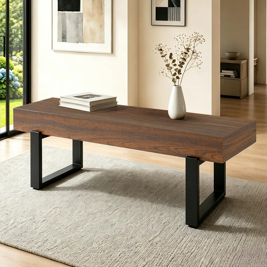 GDFStudio Modern Wooden Bench with Metal Legs, Entryway Shoe Bench Indoor, Dining Seating Bench with Thick MDF Top, Industrial Style Bedroom Bench, Sturdy Multi Use Furniture, Espresso