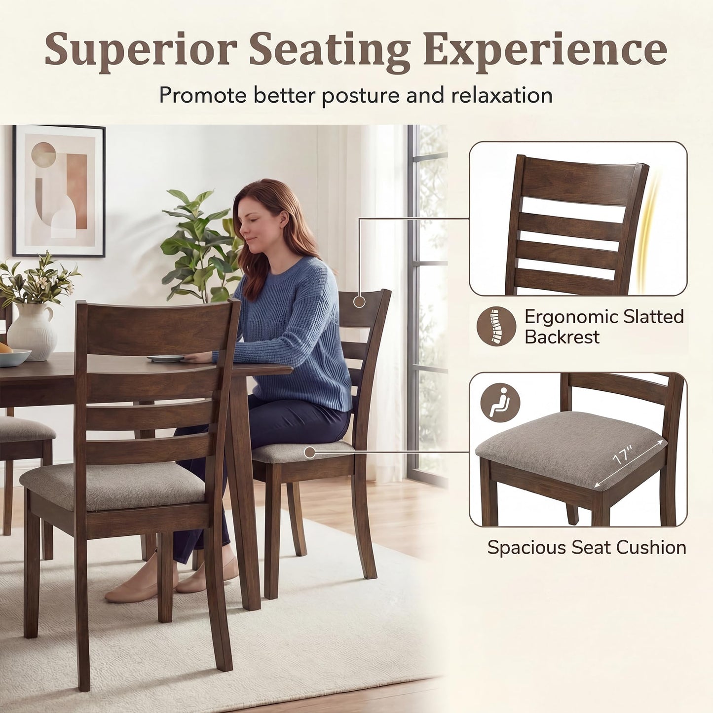 COSTWAY Wooden Dining Chairs Set of 2, Solid Rubberwood Frame Kitchen Side Chairs w/Upholstered Padded Seat & High Slat Back, Mid-Century Modern Dining Chair for Dining Room Kitchen (Light Brown)
