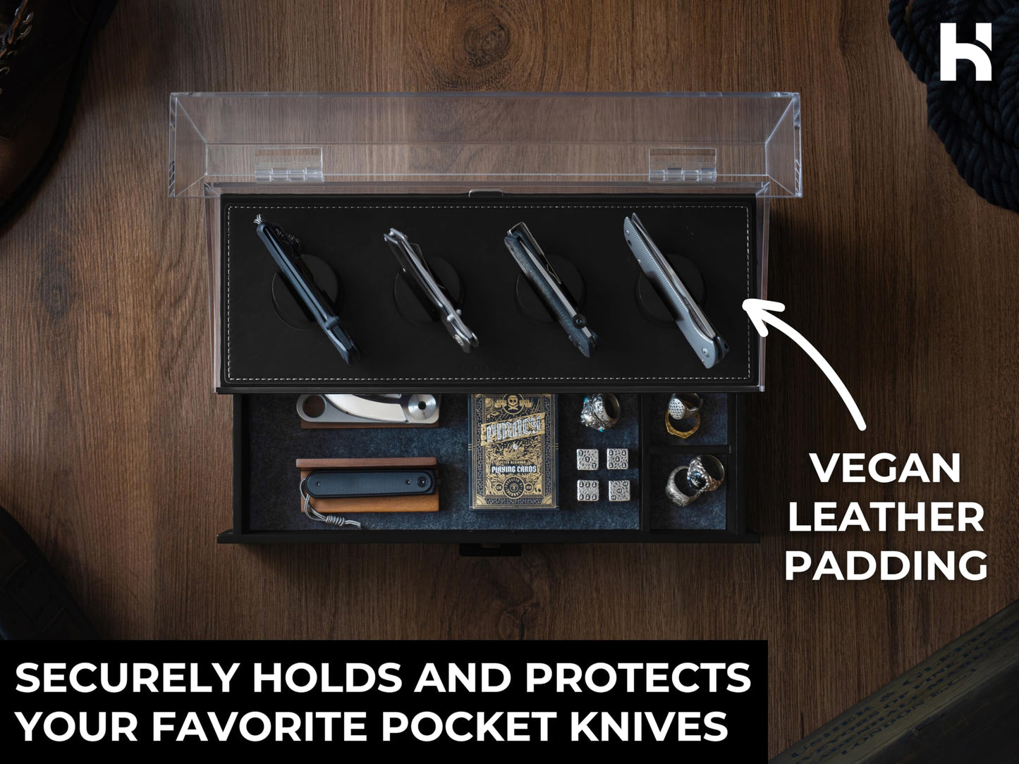 Premium Pocket Knife Display Case for 10 Knives - Wooden Knife Organizer, Storage & Holder with Unique Pillars, Hinged Cover, Drawer - Knife Collection Box - Handcrafted Father's Day Present for Men